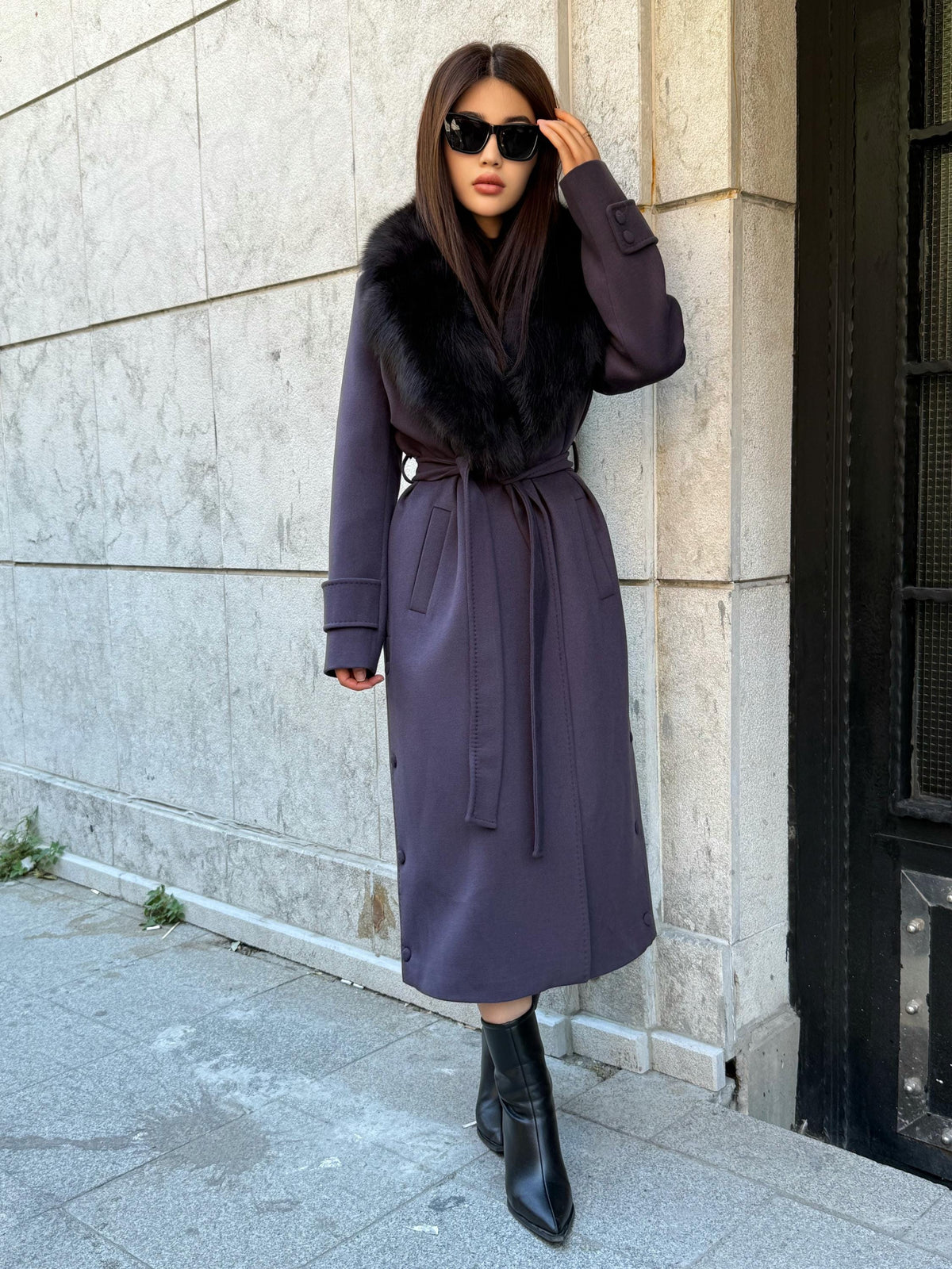 Deep Purple Cashmere Coat With Fox Fur Trim | Luxury Collar Fox Fur Coat | Handmade Plus Size Long Belted Wool Coat For Women, Fox Fur Coat