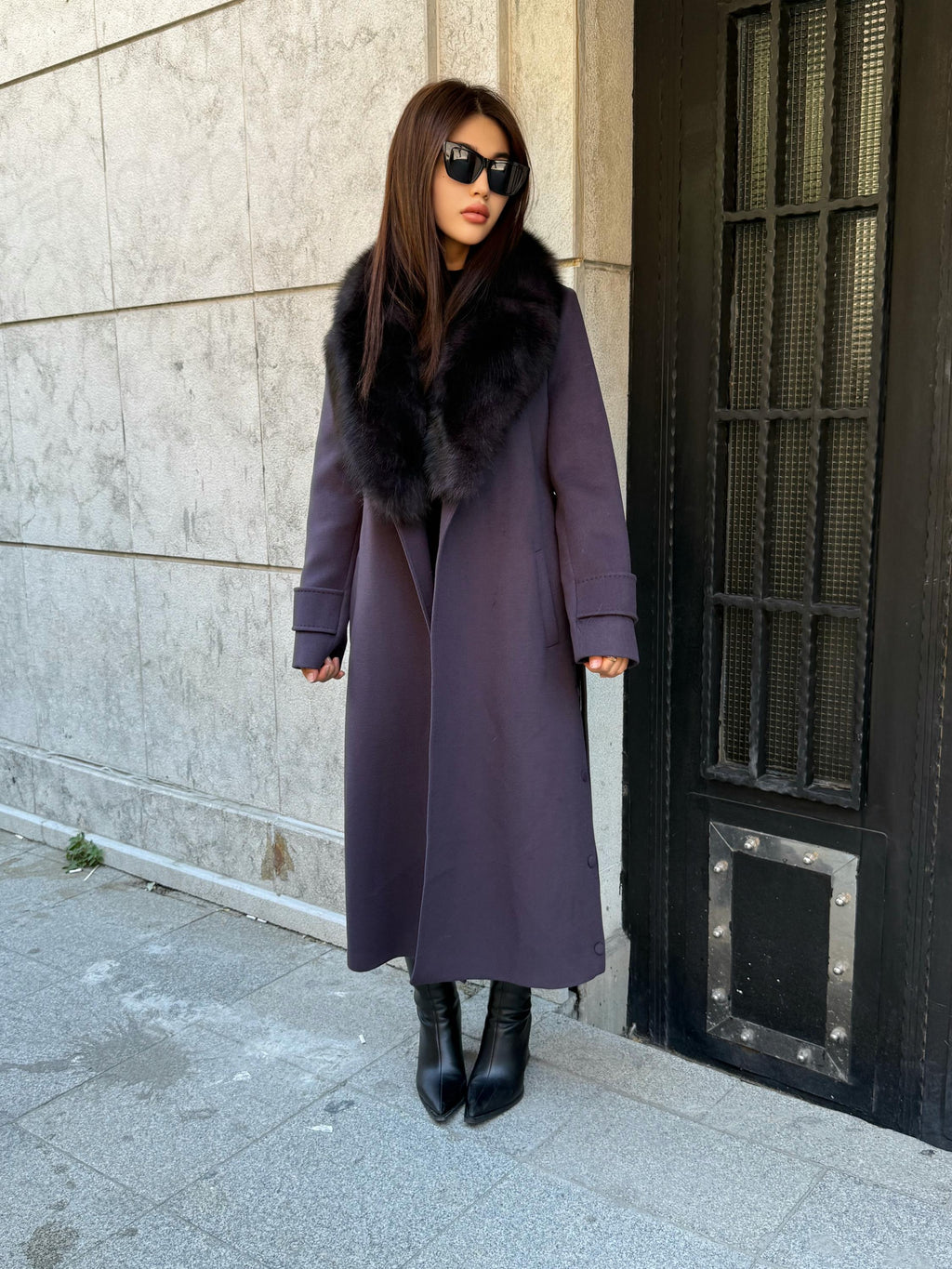 Deep Purple Cashmere Coat With Fox Fur Trim | Luxury Collar Fox Fur Coat | Handmade Plus Size Long Belted Wool Coat For Women, Fox Fur Coat