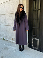 Deep Purple Cashmere Coat With Fox Fur Trim | Luxury Collar Fox Fur Coat | Handmade Plus Size Long Belted Wool Coat For Women, Fox Fur Coat
