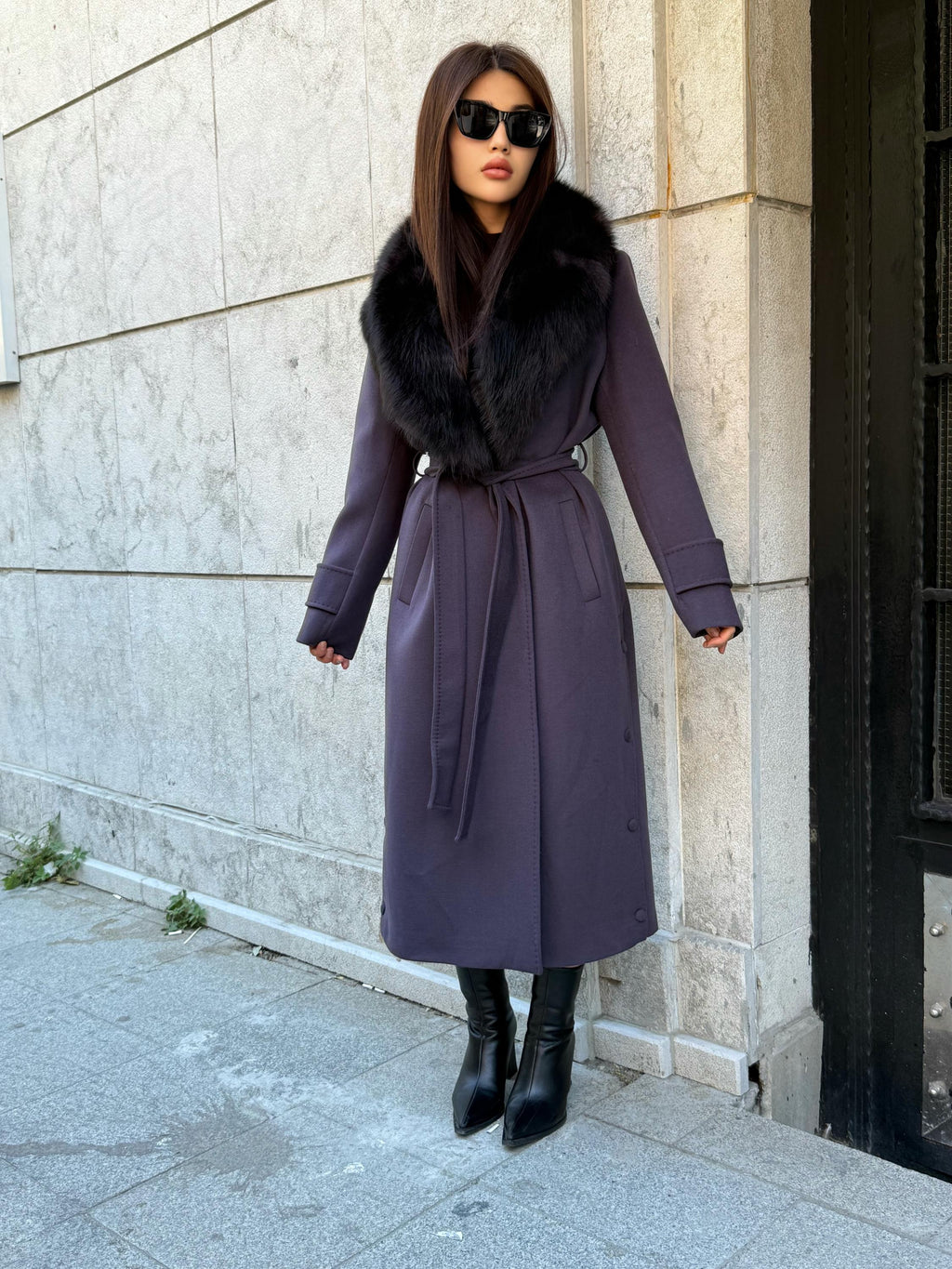 Deep Purple Cashmere Coat With Fox Fur Trim | Luxury Collar Fox Fur Coat | Handmade Plus Size Long Belted Wool Coat For Women, Fox Fur Coat