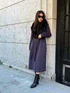 Deep Purple Cashmere Coat With Fox Fur Trim | Luxury Collar Fox Fur Coat | Handmade Plus Size Long Belted Wool Coat For Women, Fox Fur Coat