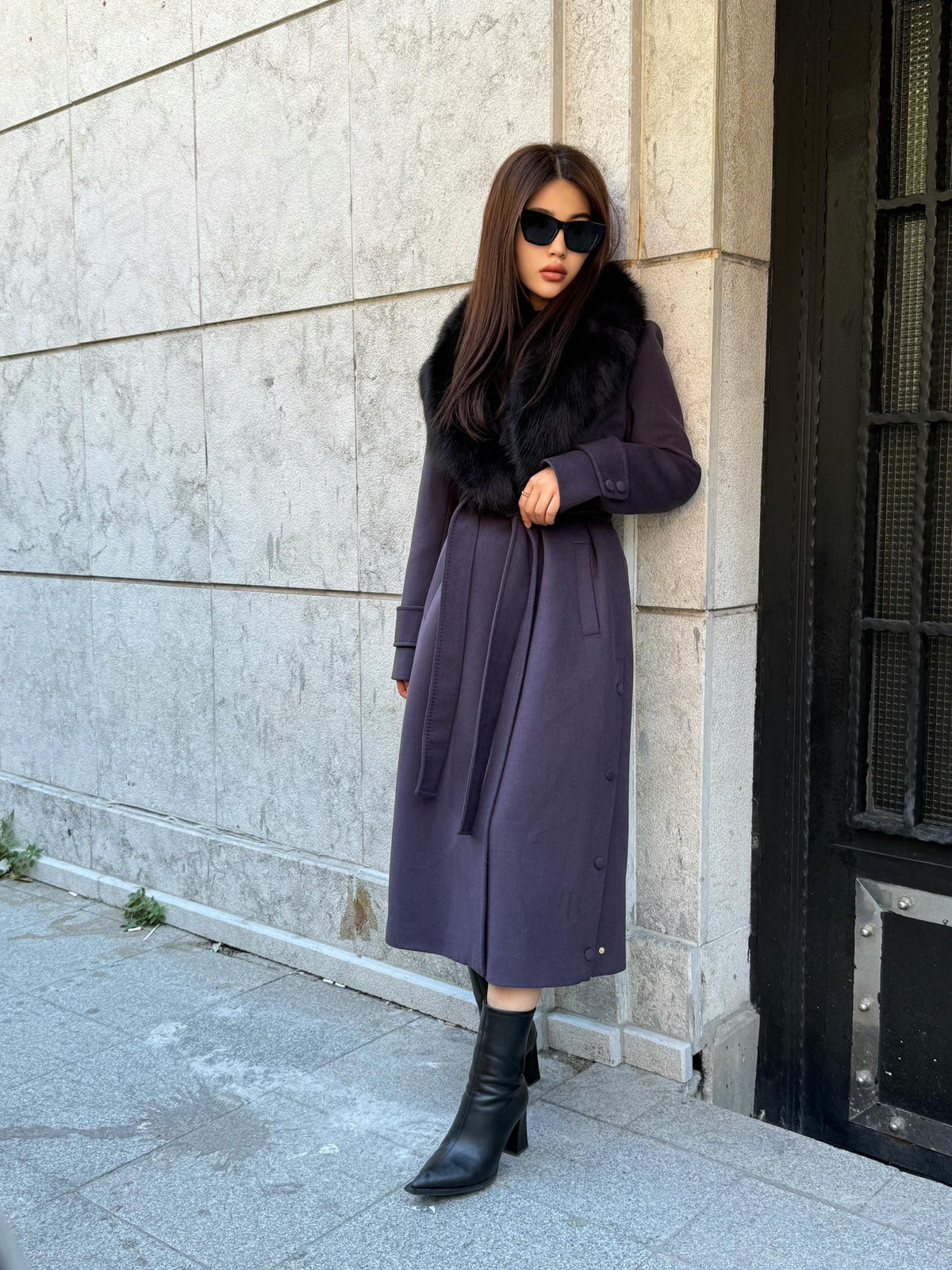 Deep Purple Cashmere Coat With Fox Fur Trim | Luxury Collar Fox Fur Coat | Handmade Plus Size Long Belted Wool Coat For Women, Fox Fur Coat