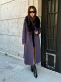 Deep Purple Cashmere Coat With Fox Fur Trim | Luxury Collar Fox Fur Coat | Handmade Plus Size Long Belted Wool Coat For Women, Fox Fur Coat