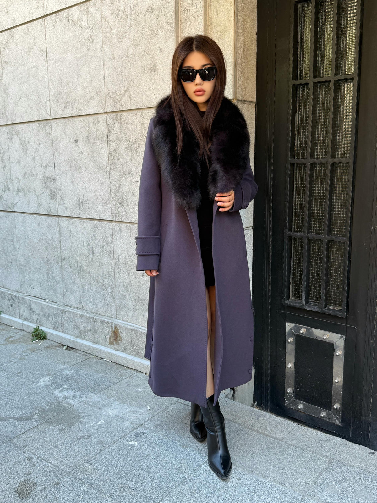 Deep Purple Cashmere Coat With Fox Fur Trim | Luxury Collar Fox Fur Coat | Handmade Plus Size Long Belted Wool Coat For Women, Fox Fur Coat