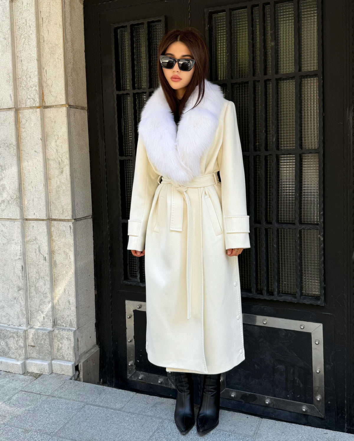 Ecru Cashmere Fox Fur Trim Coat, Long Collr Fox Fur Coat , White Handmade Long Belted Winter Coat | Luxury Women’s Warm Outerwear