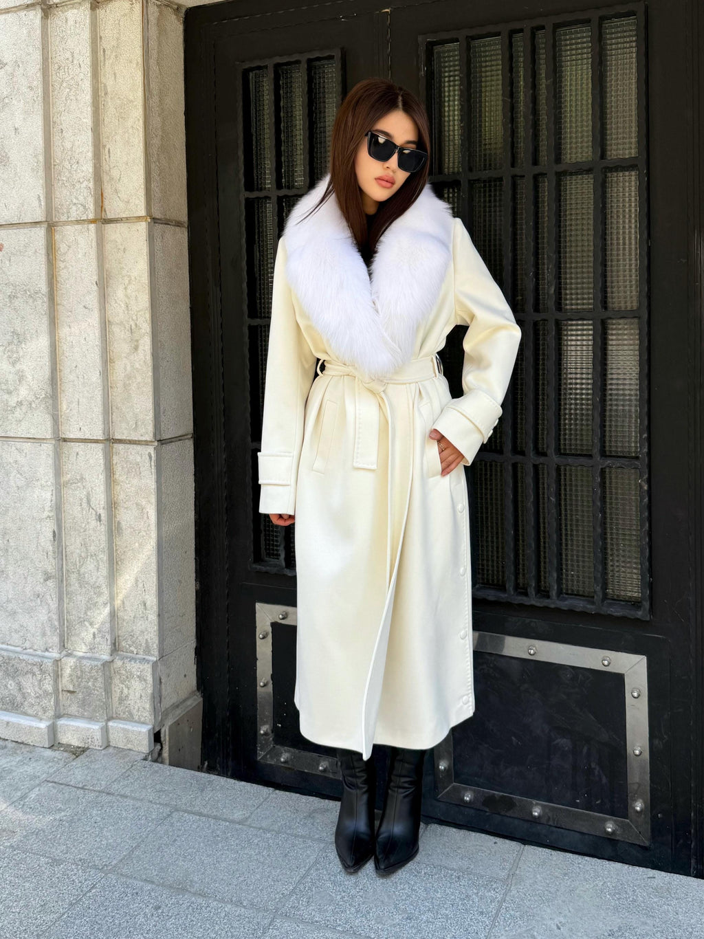 Ecru Cashmere Fox Fur Trim Coat, Long Collr Fox Fur Coat , White Handmade Long Belted Winter Coat | Luxury Women’s Warm Outerwear