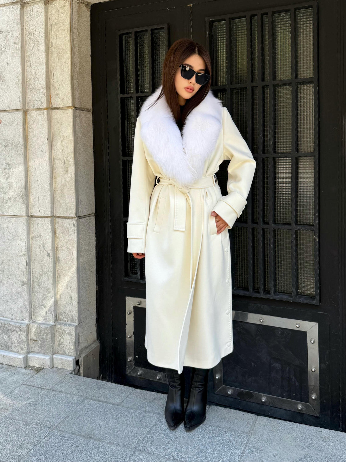 Ecru Cashmere Fox Fur Trim Coat, Long Collr Fox Fur Coat , White Handmade Long Belted Winter Coat | Luxury Women’s Warm Outerwear