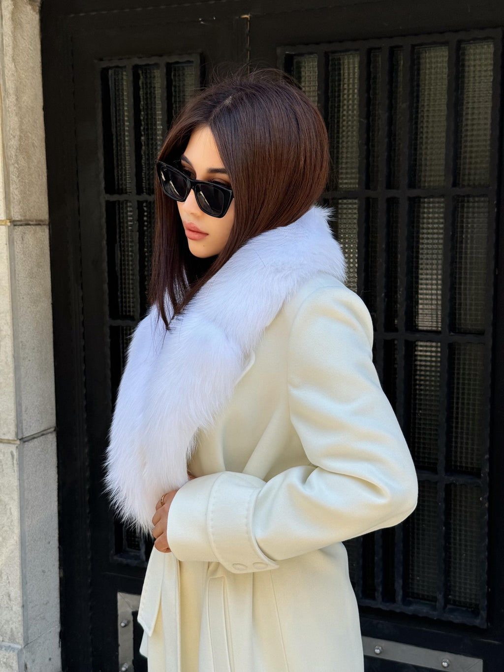 Ecru Cashmere Fox Fur Trim Coat, Long Collr Fox Fur Coat , White Handmade Long Belted Winter Coat | Luxury Women’s Warm Outerwear