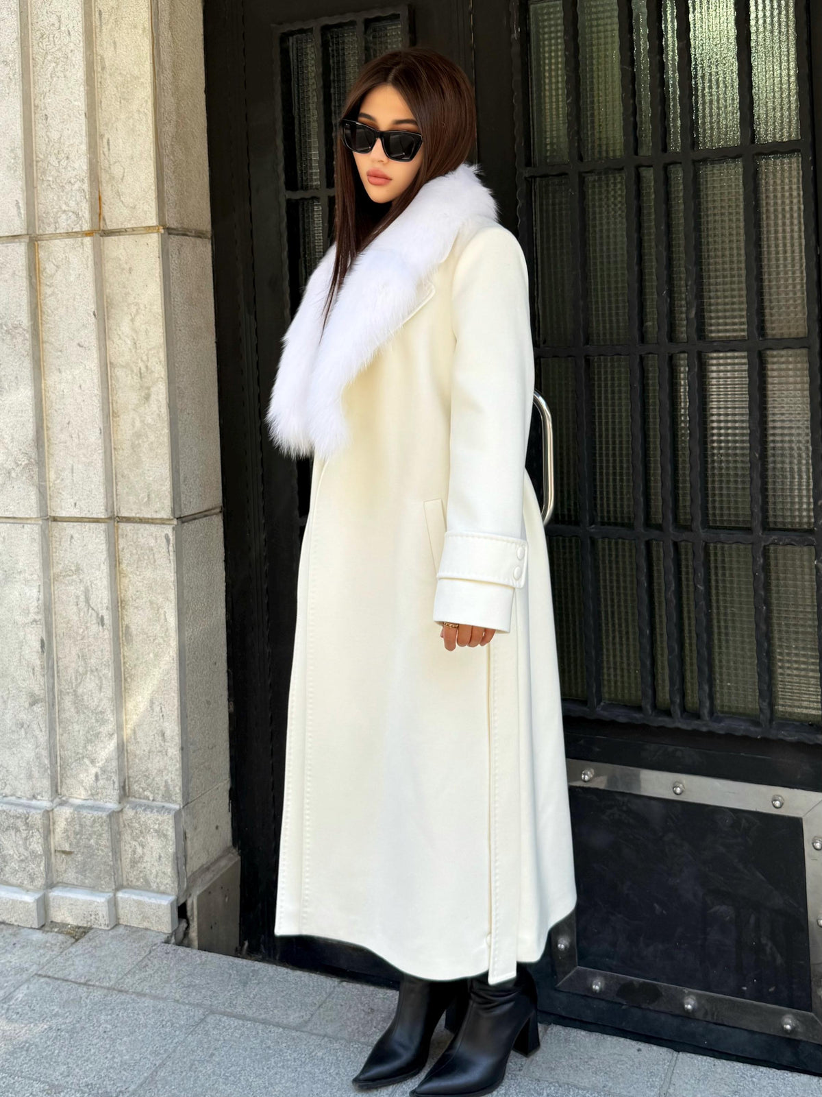 Ecru Cashmere Fox Fur Trim Coat, Long Collr Fox Fur Coat , White Handmade Long Belted Winter Coat | Luxury Women’s Warm Outerwear