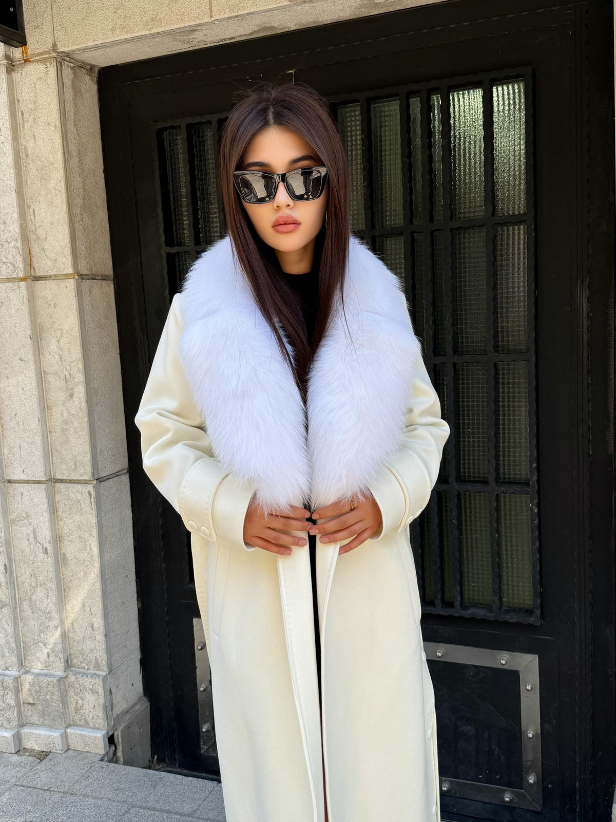 Ecru Cashmere Fox Fur Trim Coat, Long Collr Fox Fur Coat , White Handmade Long Belted Winter Coat | Luxury Women’s Warm Outerwear