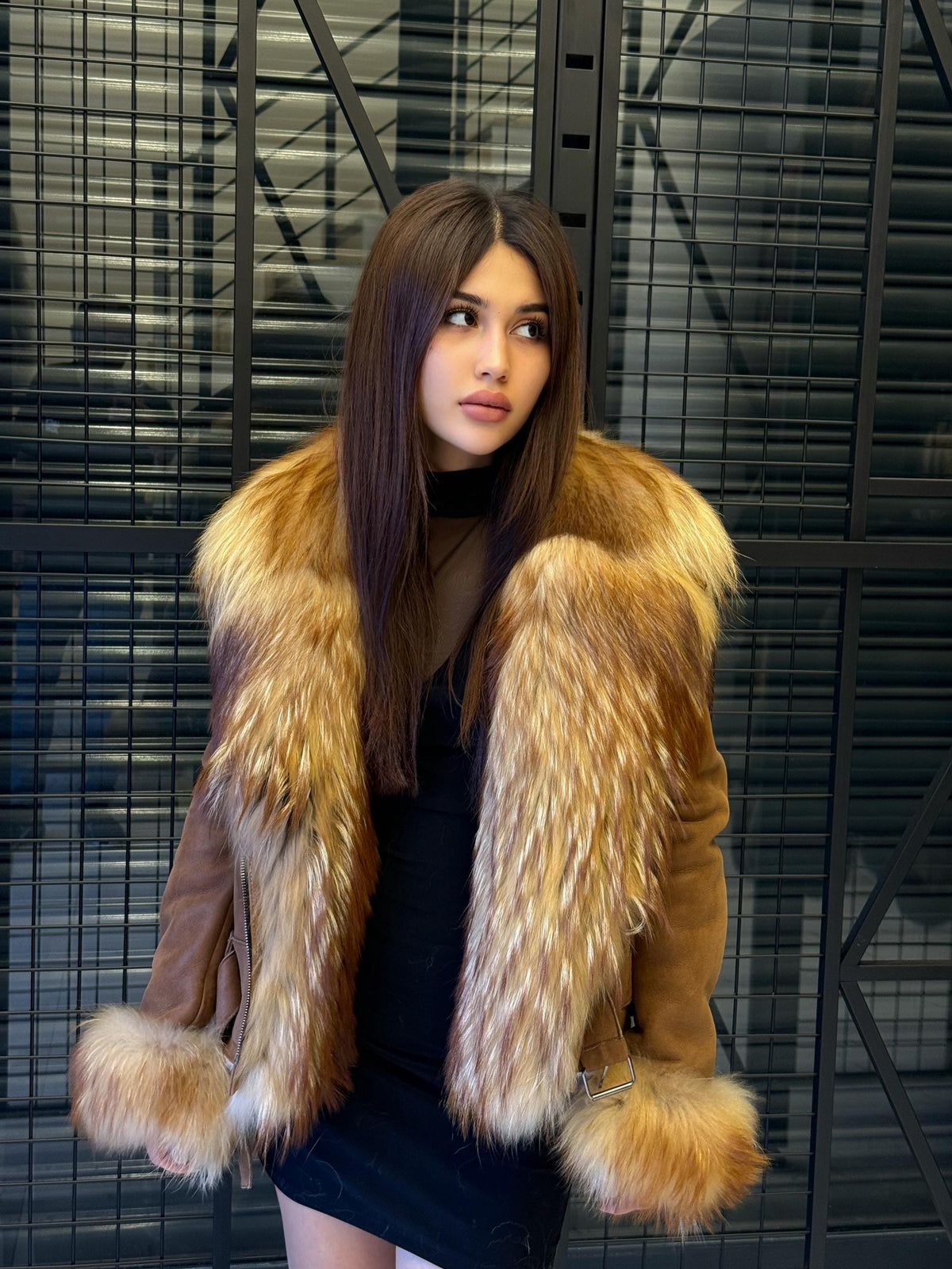 Whisky Brown Shearling Coat, Hanmade Lambskin Front Cuffs - Fox Fur Jacket