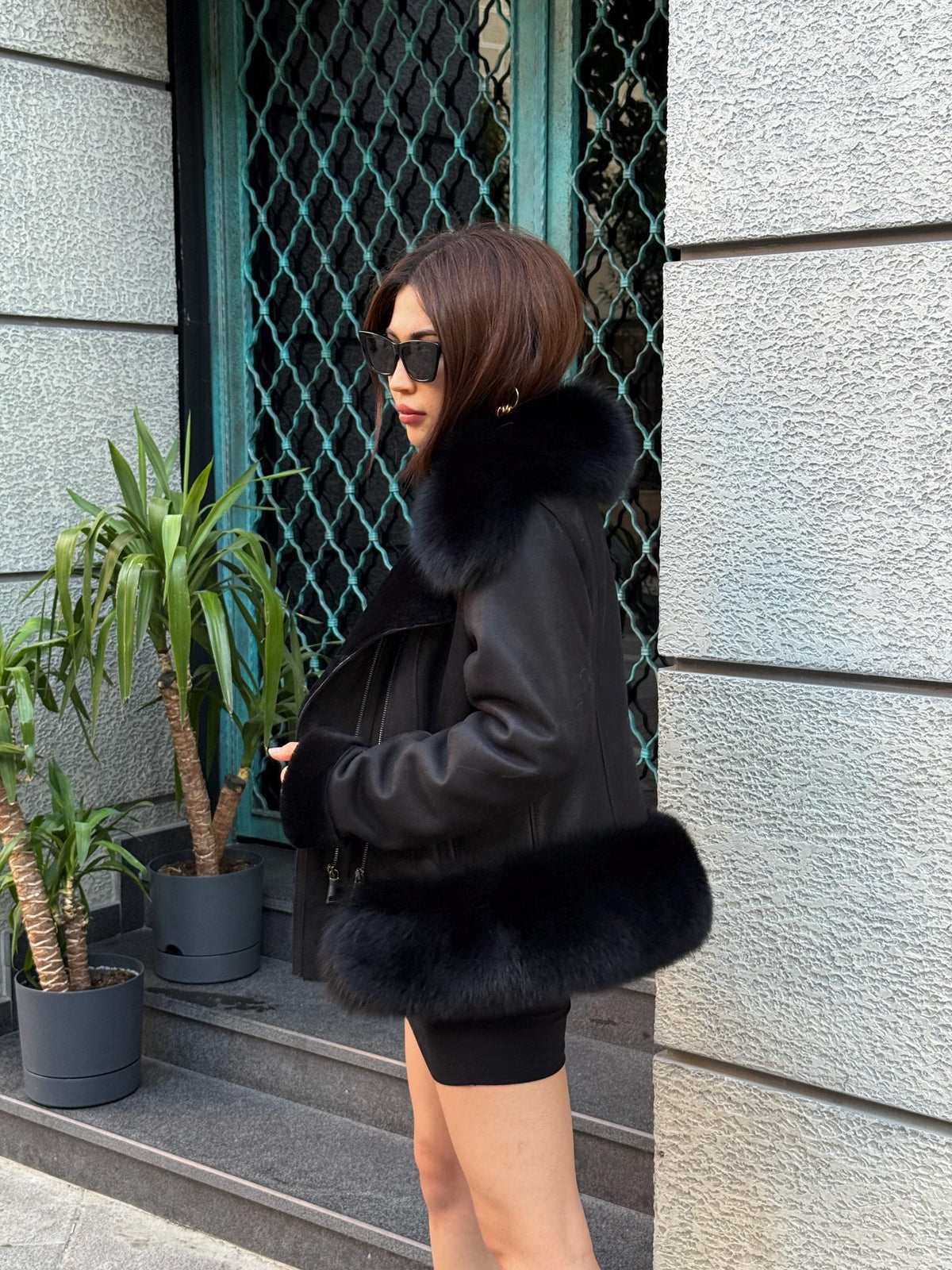 Black Womens Shearling Coat, Handmade Lambskin Short Collar & Skirt Fox Fur Jacket
