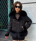 Black Womens Shearling Coat, Handmade Lambskin Short Collar & Skirt Fox Fur Jacket