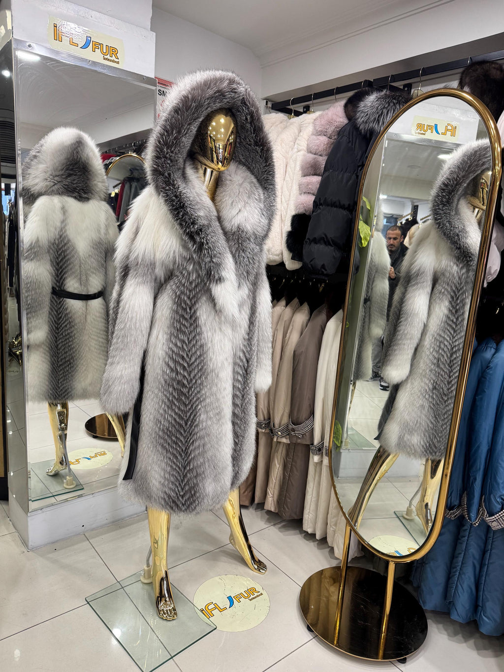 White Long Frost Fox Fur Coat With Hood, Handmade Women Fur Winter Jacket