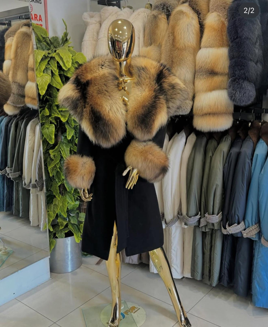 Black Cashmere Coat & Hood Cuffs Fox Fur Jacket, Women Fox Fur Jacket, Gold Raccoon Fox Fur Jacket.. Premium Fox Fur Coat