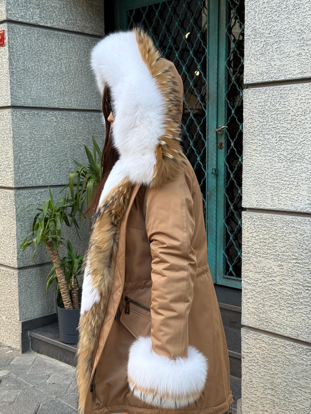 Handmade Camel Puffer Parka With Fur Trim - Hood Front Fox Fur Jacket For Women