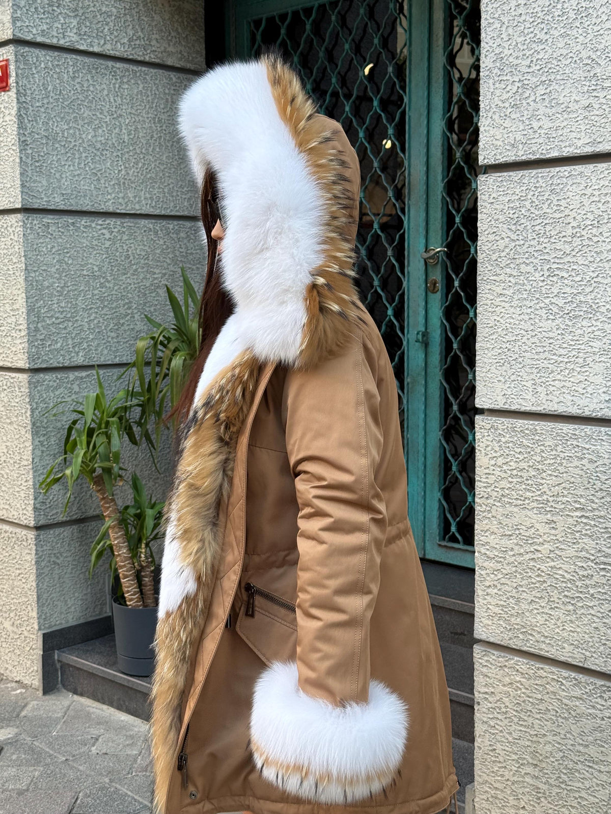 Handmade Camel Puffer Parka With Fur Trim - Hood Front Fox Fur Jacket For Women