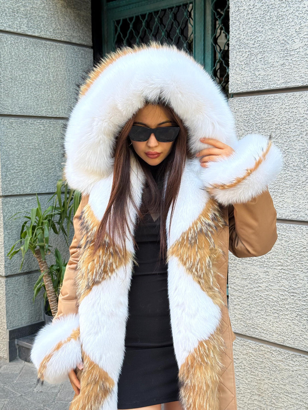 Handmade Camel Puffer Parka With Fur Trim - Hood Front Fox Fur Jacket For Women