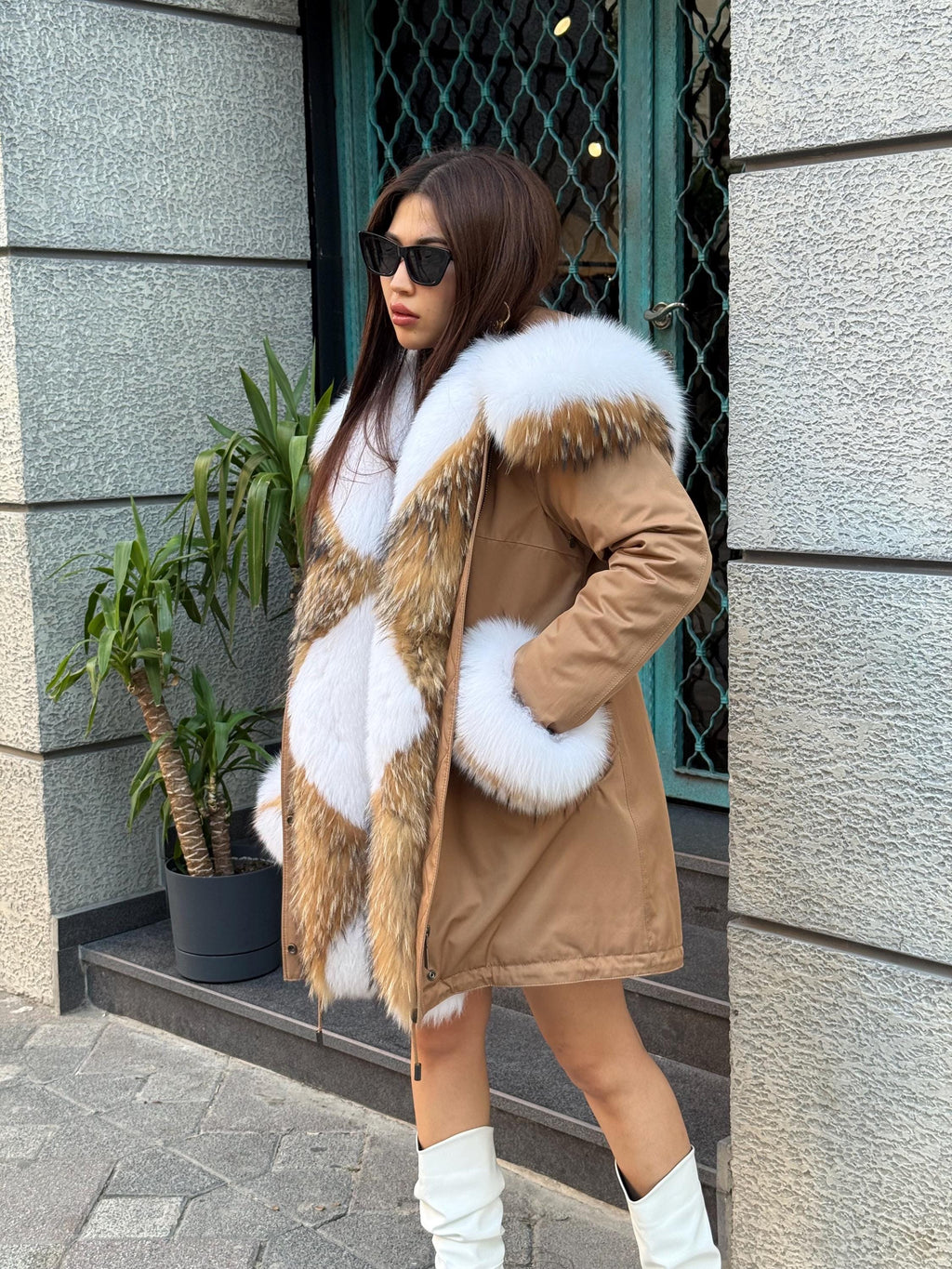 Handmade Camel Puffer Parka With Fur Trim - Hood Front Fox Fur Jacket For Women
