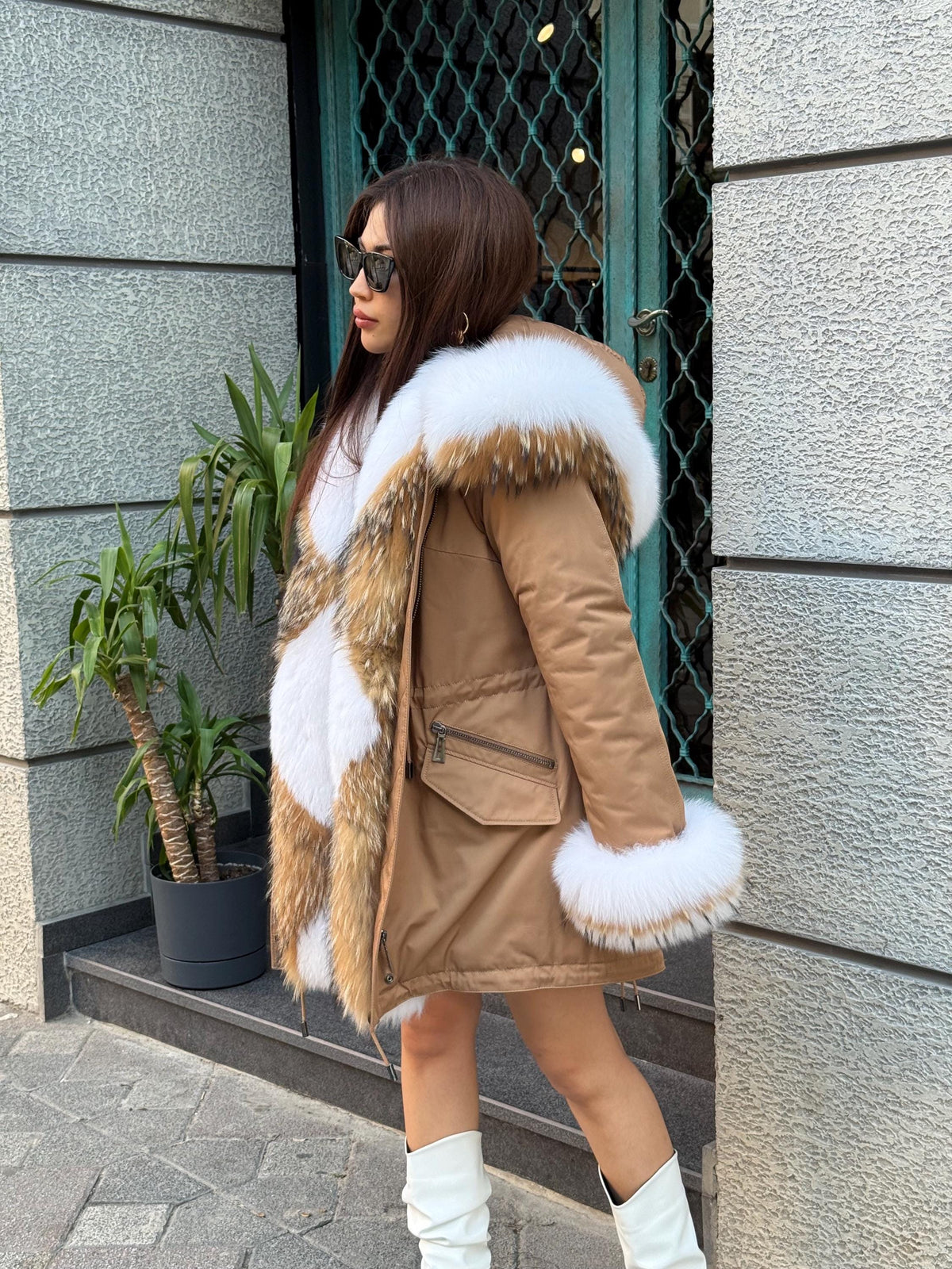 Handmade Camel Puffer Parka With Fur Trim - Hood Front Fox Fur Jacket For Women