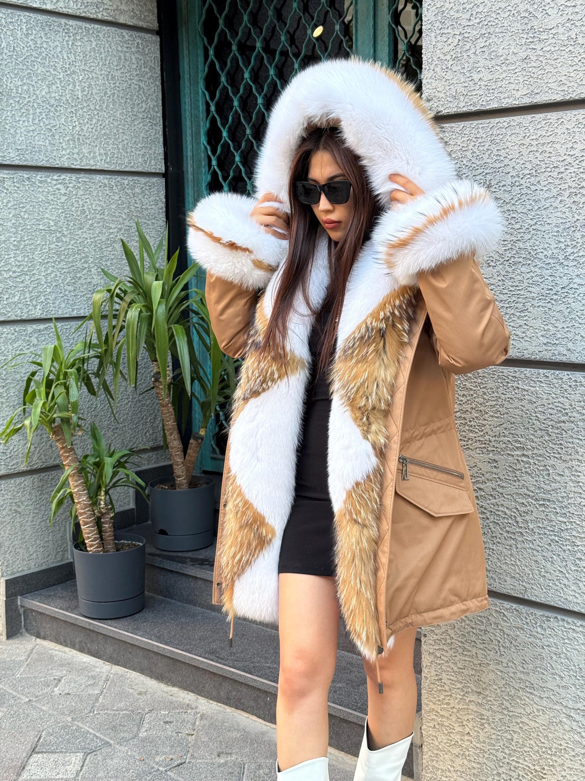Handmade Camel Puffer Parka With Fur Trim - Hood Front Fox Fur Jacket For Women
