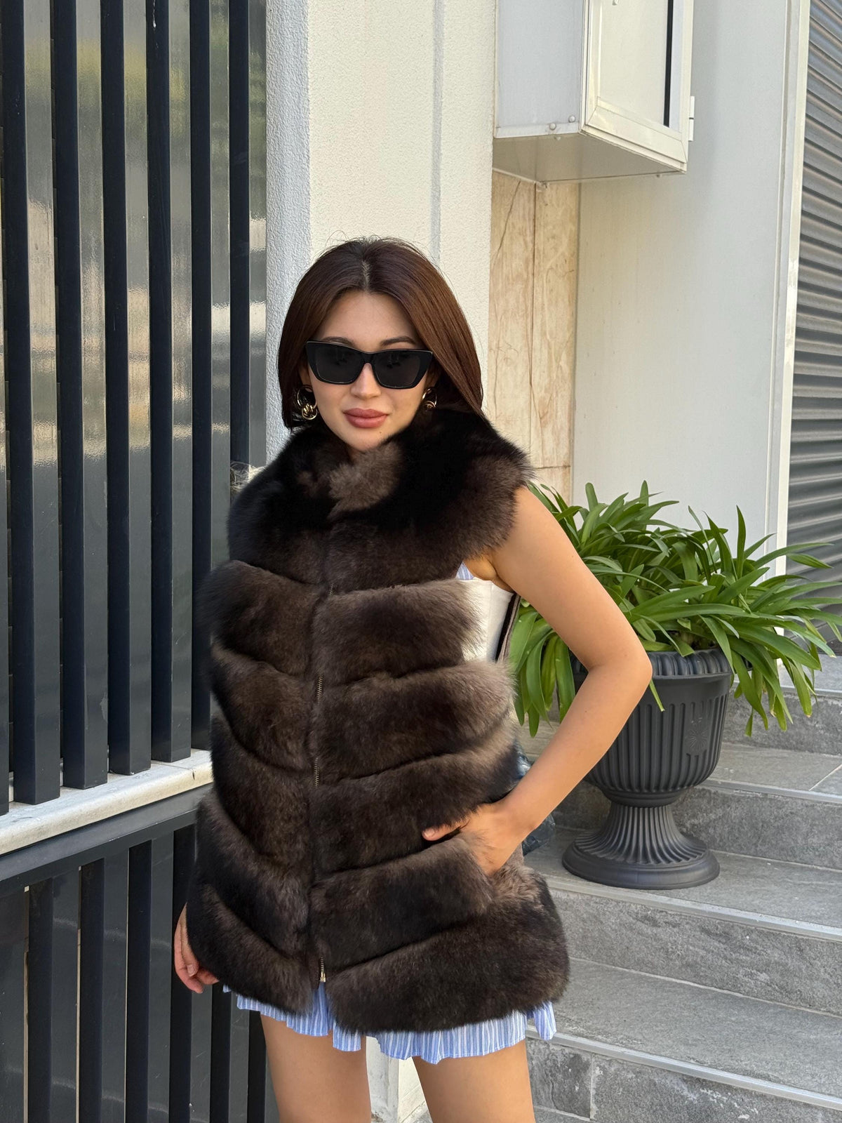 Handmade Alpaca Wool Vest, Front Genuine Fox Fur Gilet For Women