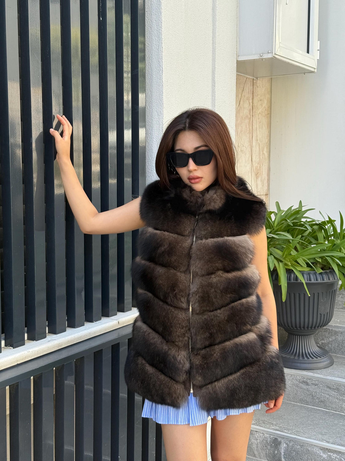Handmade Alpaca Wool Vest, Front Genuine Fox Fur Gilet For Women