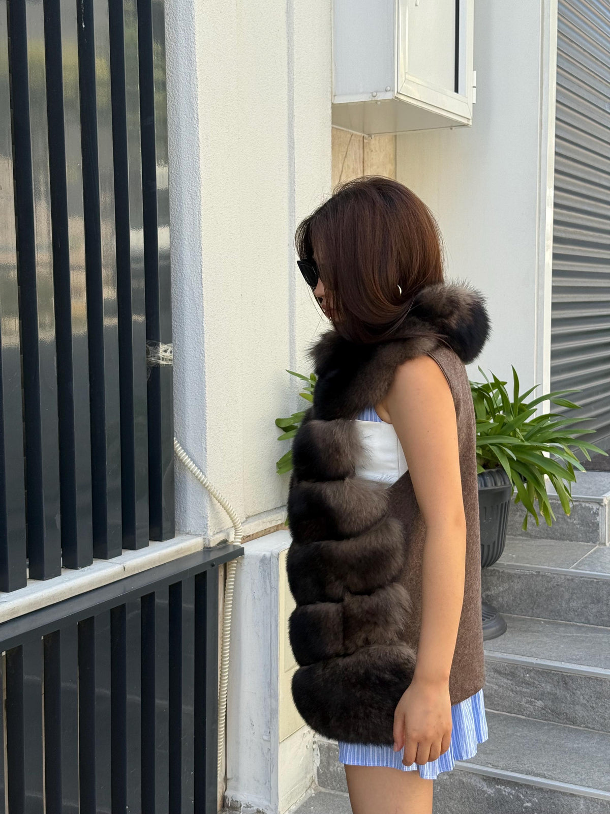 Handmade Alpaca Wool Vest, Front Genuine Fox Fur Gilet For Women