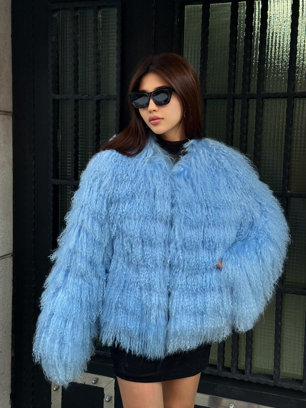 Sky Blue Tibetan Fur Jacket: Handmade Shaggy Lamb Fur Coat For Women