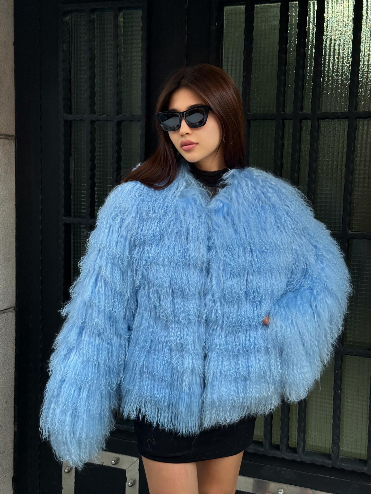 Sky Blue Tibetan Fur Jacket: Handmade Shaggy Lamb Fur Coat For Women