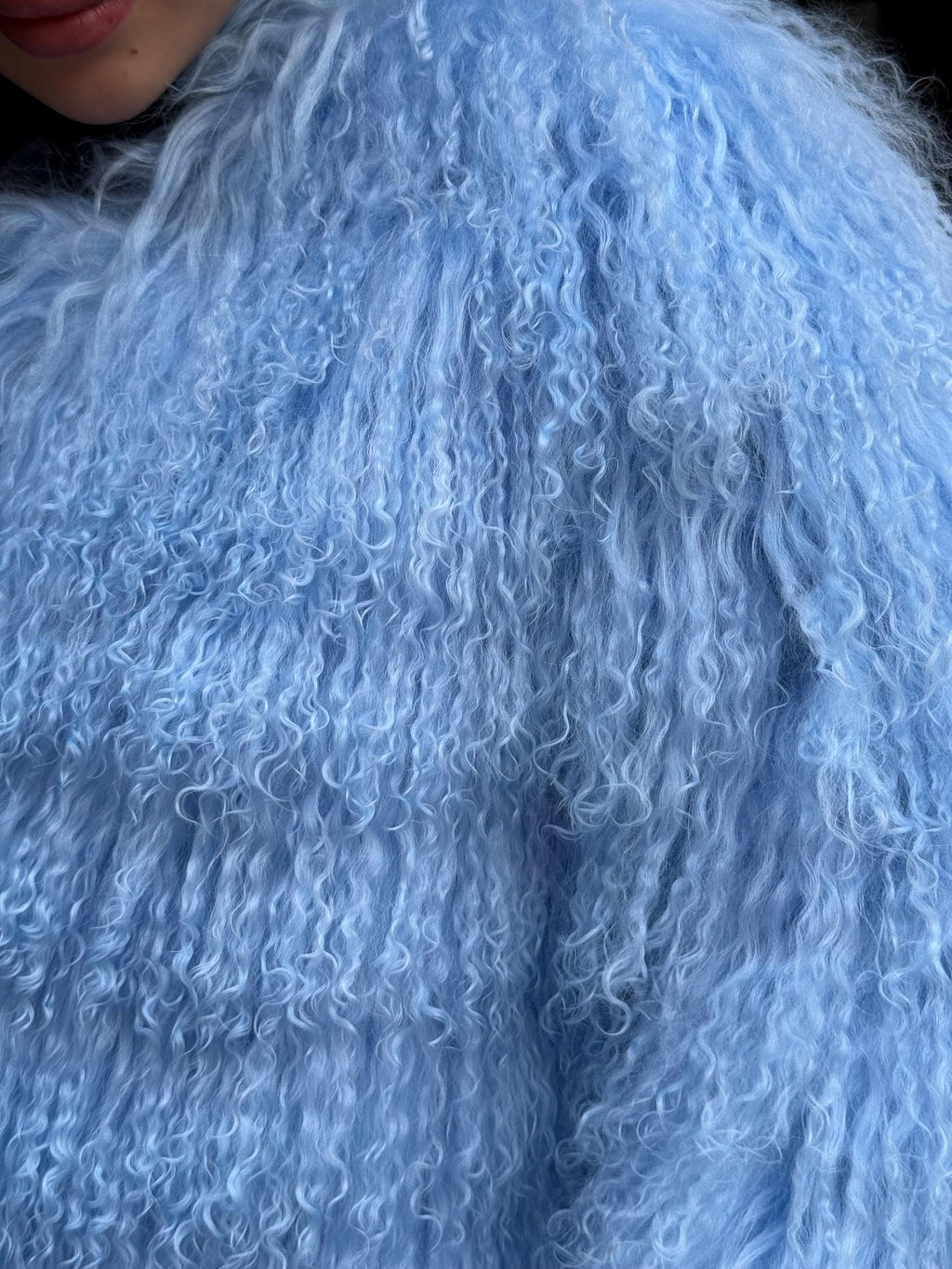 Sky Blue Tibetan Fur Jacket: Handmade Shaggy Lamb Fur Coat For Women