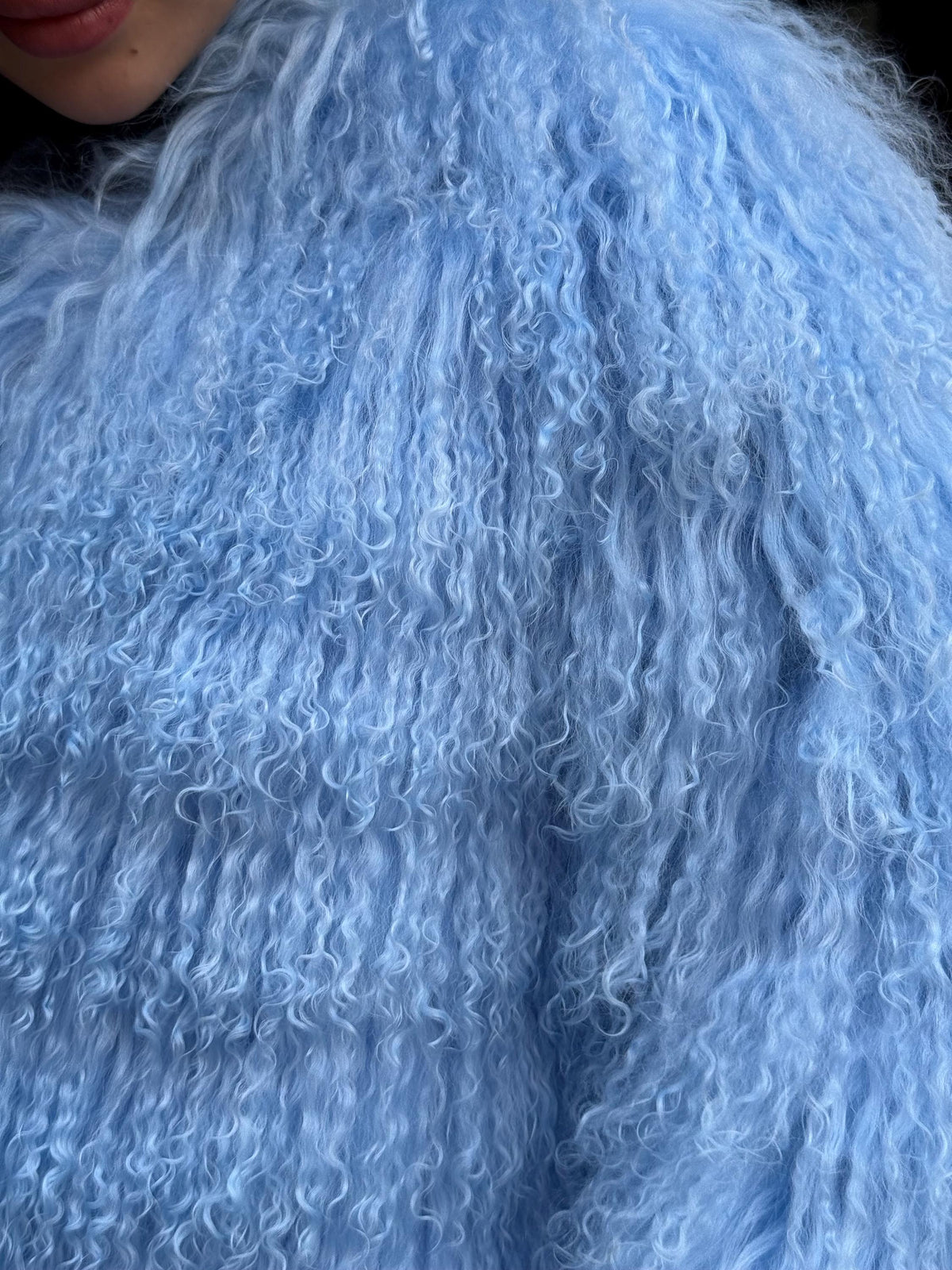 Sky Blue Tibetan Fur Jacket: Handmade Shaggy Lamb Fur Coat For Women