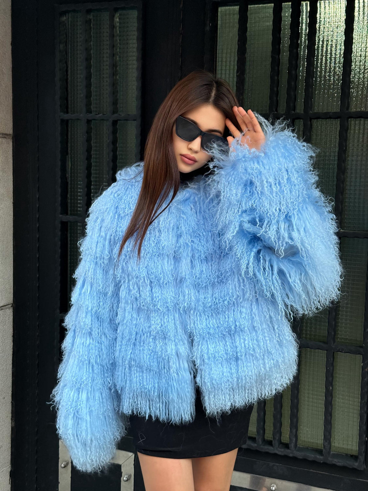 Sky Blue Tibetan Fur Jacket: Handmade Shaggy Lamb Fur Coat For Women