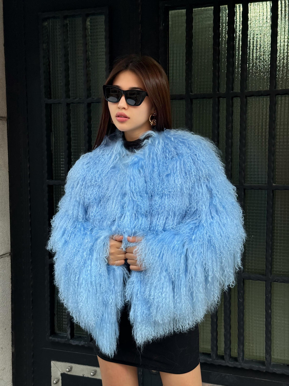 Sky Blue Tibetan Fur Jacket: Handmade Shaggy Lamb Fur Coat For Women