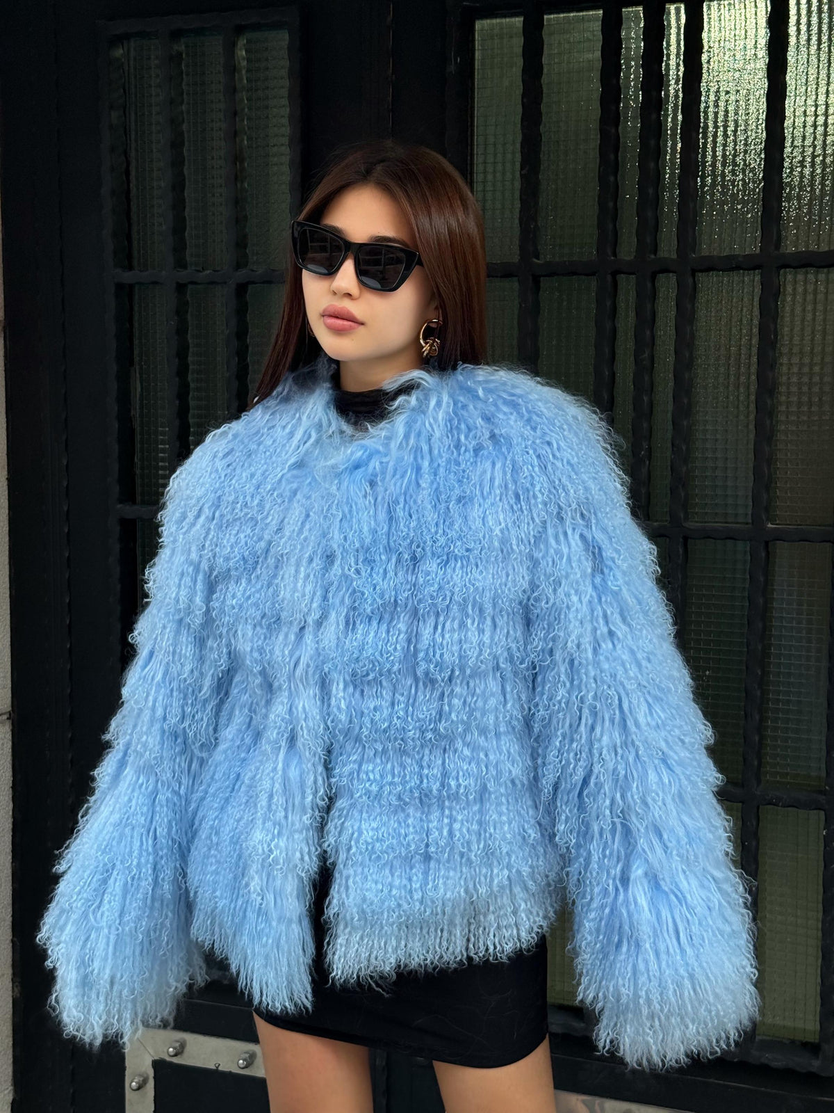 Sky Blue Tibetan Fur Jacket: Handmade Shaggy Lamb Fur Coat For Women