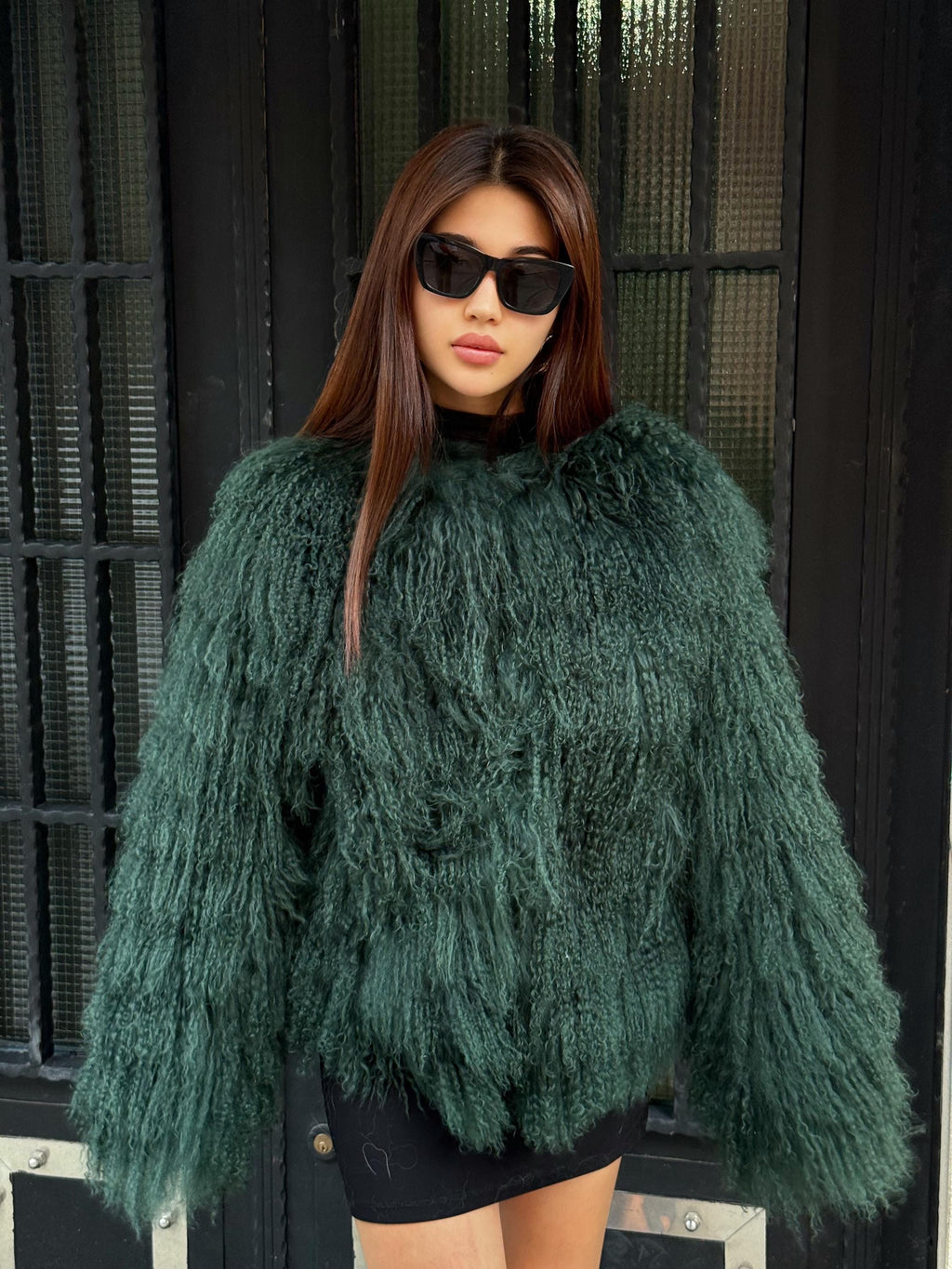 Emerald Green Shaggy Tibetan Fur Jacket : Handmade Mongolian Lamb Fur Short Coat Women
