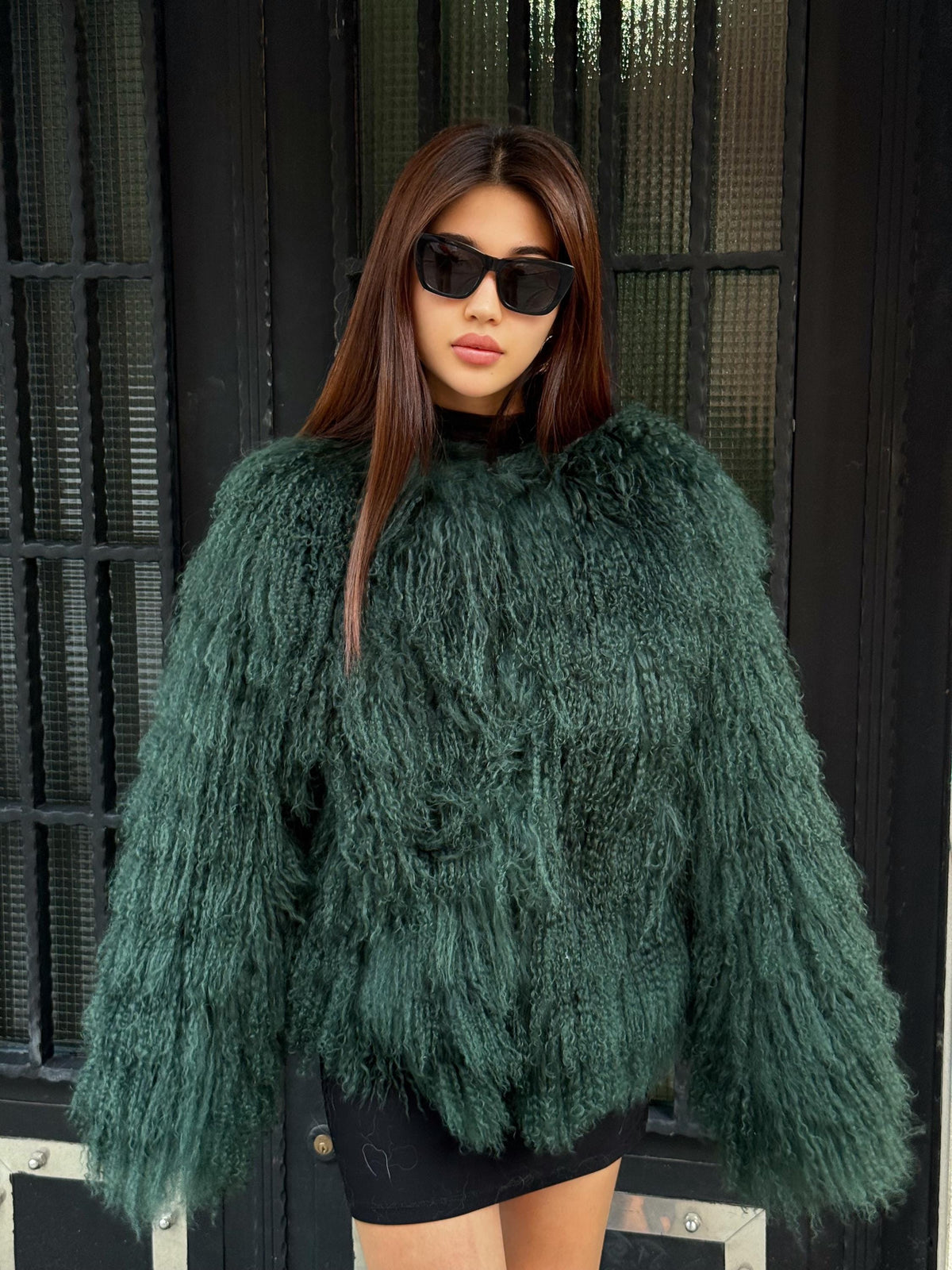 Emerald Green Shaggy Tibetan Fur Jacket : Handmade Mongolian Lamb Fur Short Coat Women