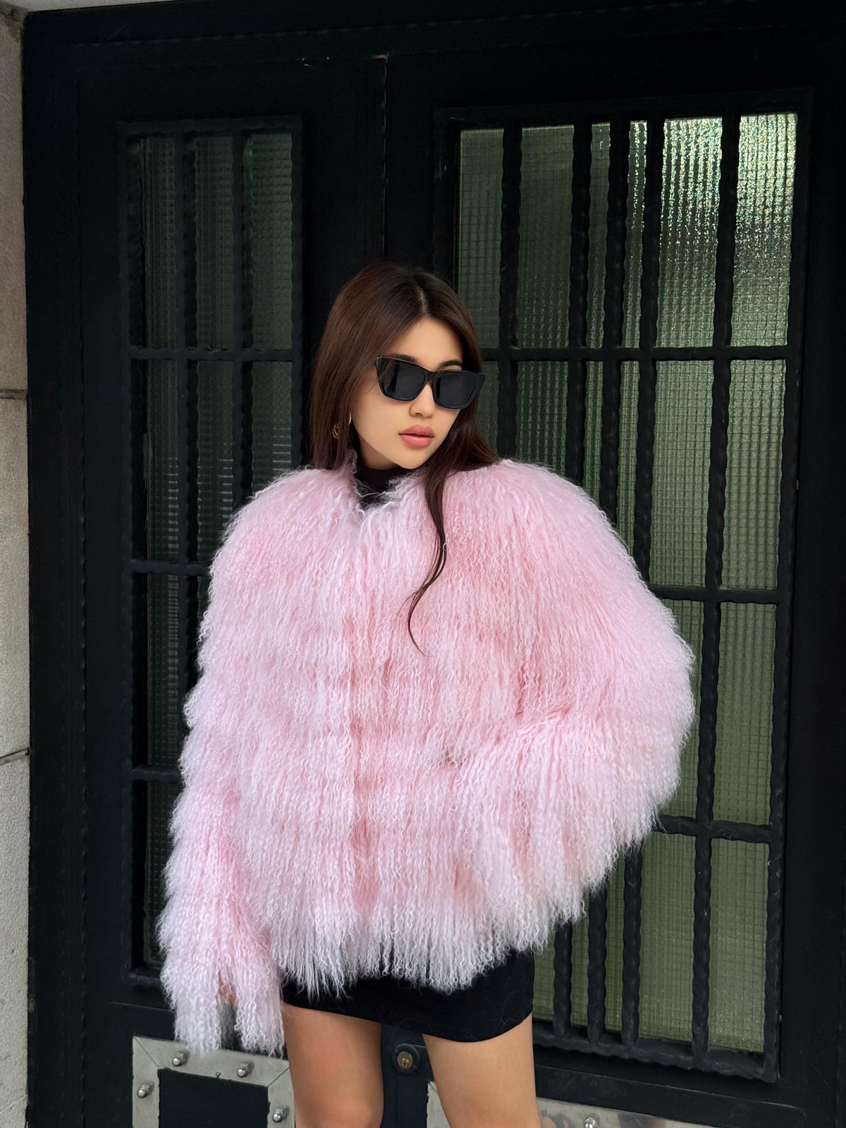 Handmade Sweet Pink Tibetan Fur Coat: Shaggy short Lamb Fur Jacket For Women