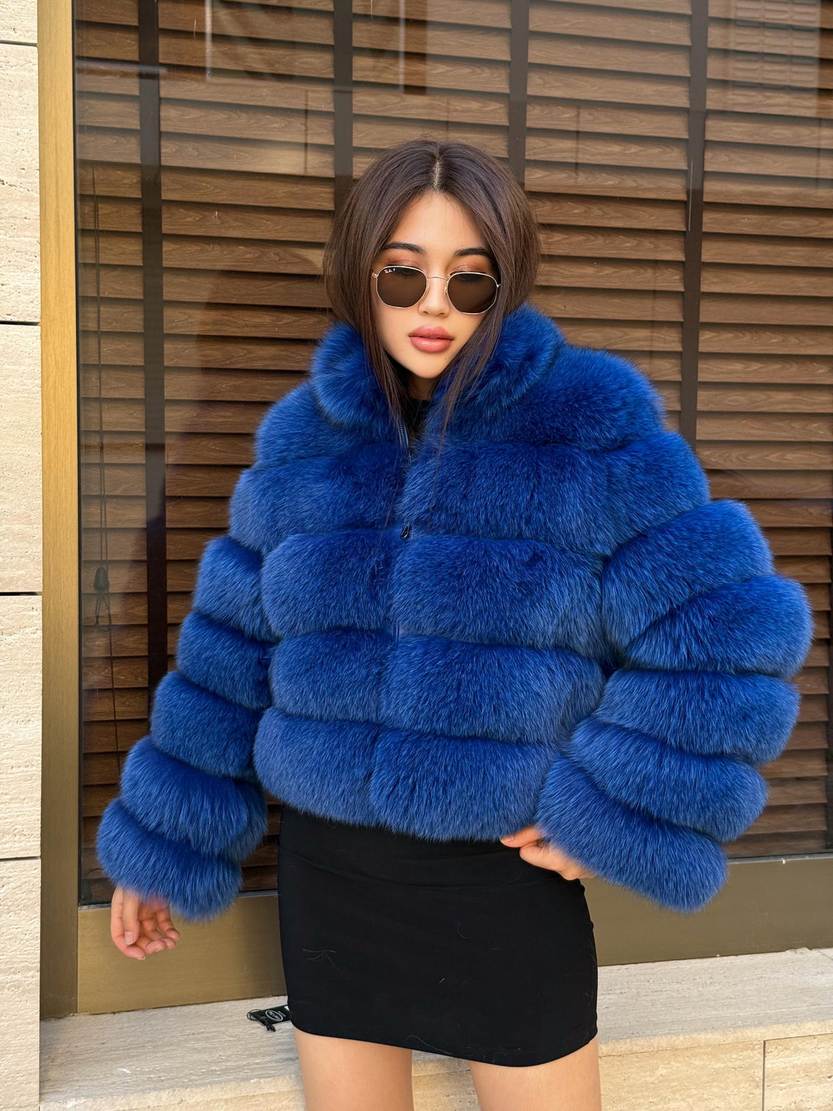 Sax Blue Fox Fur Jacket With Detachable Sleeves, Short Fur Coat For Women