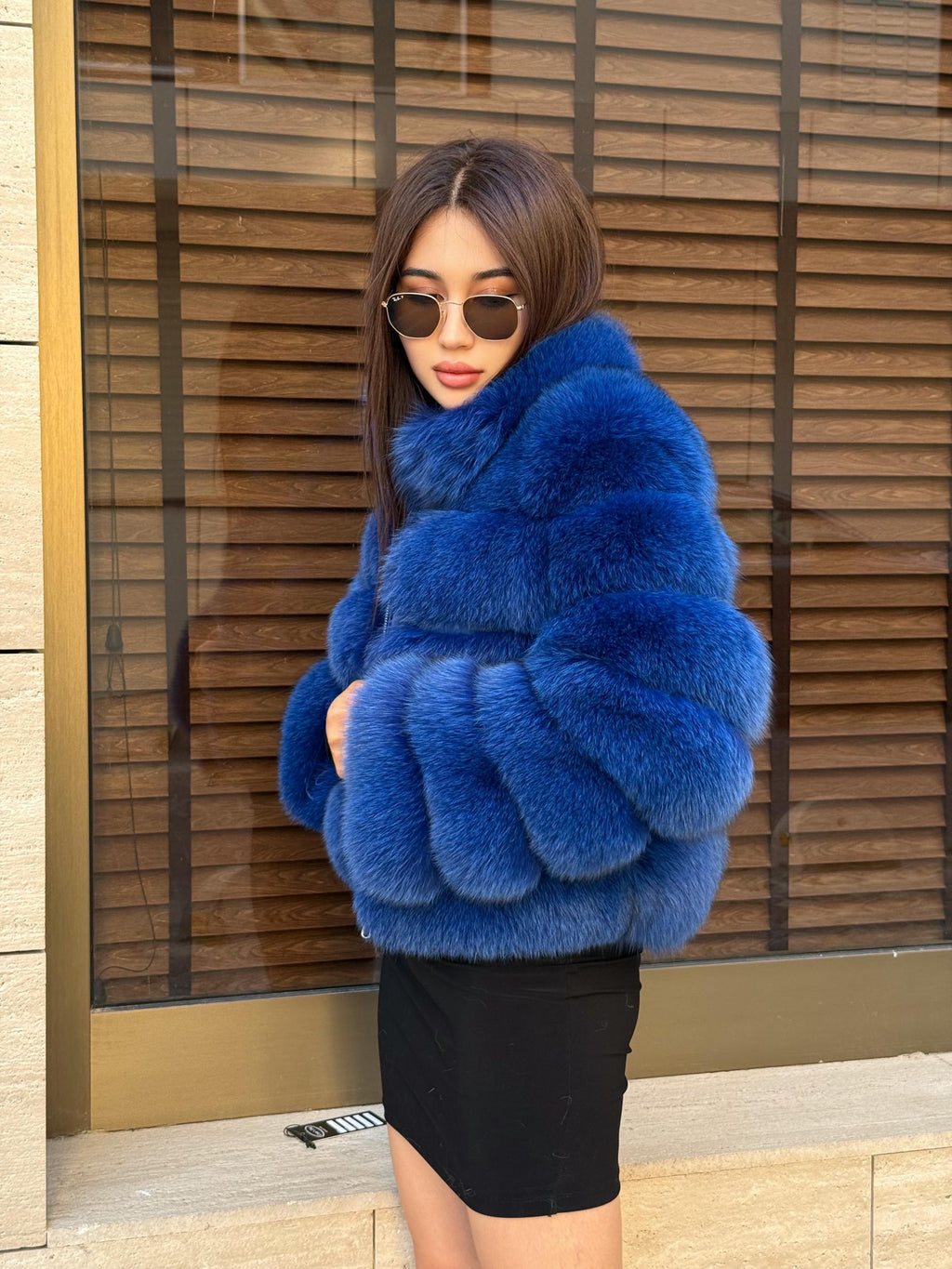 Sax Blue Fox Fur Jacket With Detachable Sleeves, Short Fur Coat For Women
