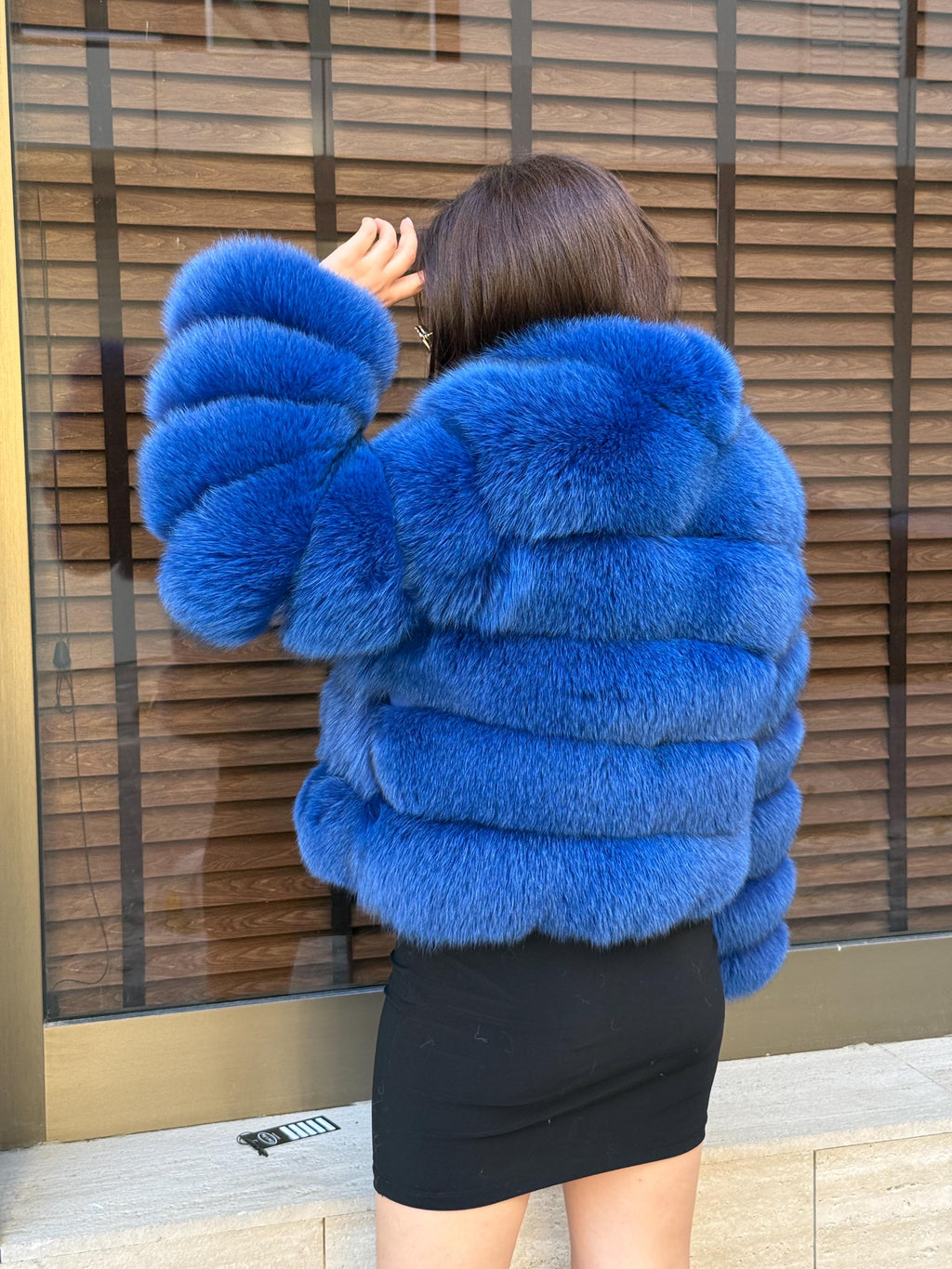 Sax Blue Fox Fur Jacket With Detachable Sleeves, Short Fur Coat For Women