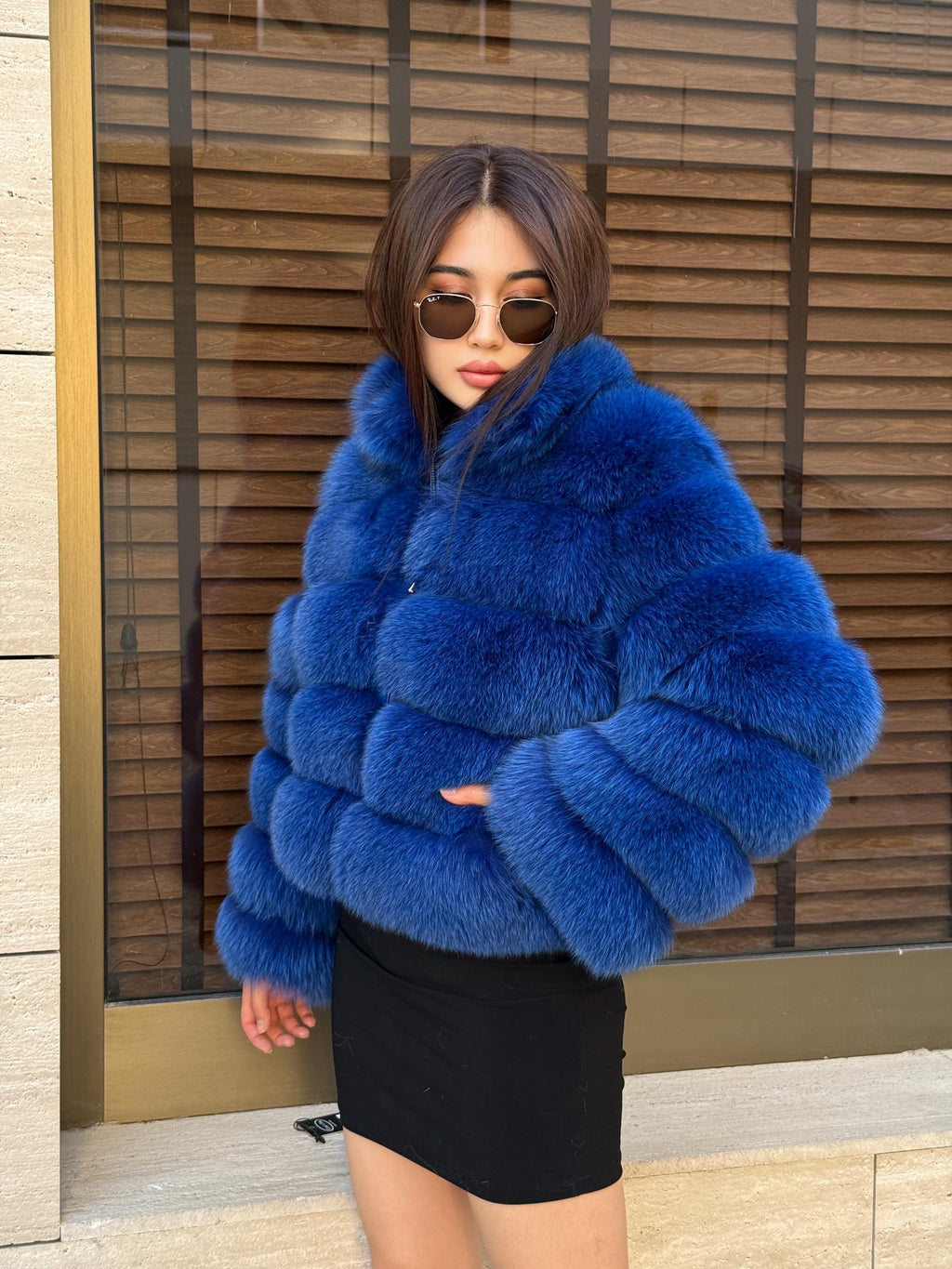 Sax Blue Fox Fur Jacket With Detachable Sleeves, Short Fur Coat For Women