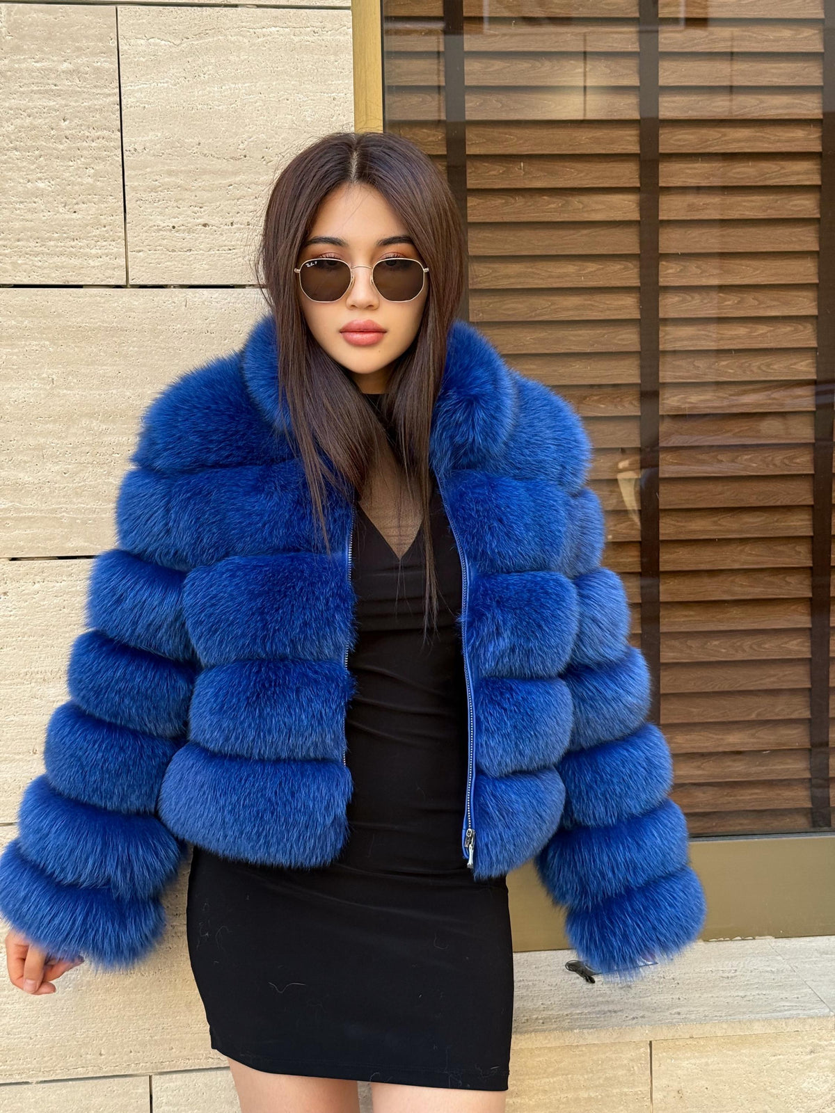 Sax Blue Fox Fur Jacket With Detachable Sleeves, Short Fur Coat For Women