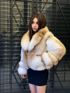 Handmade Gold & White Fox Fur Coat, Luxury Winter Women Jacket