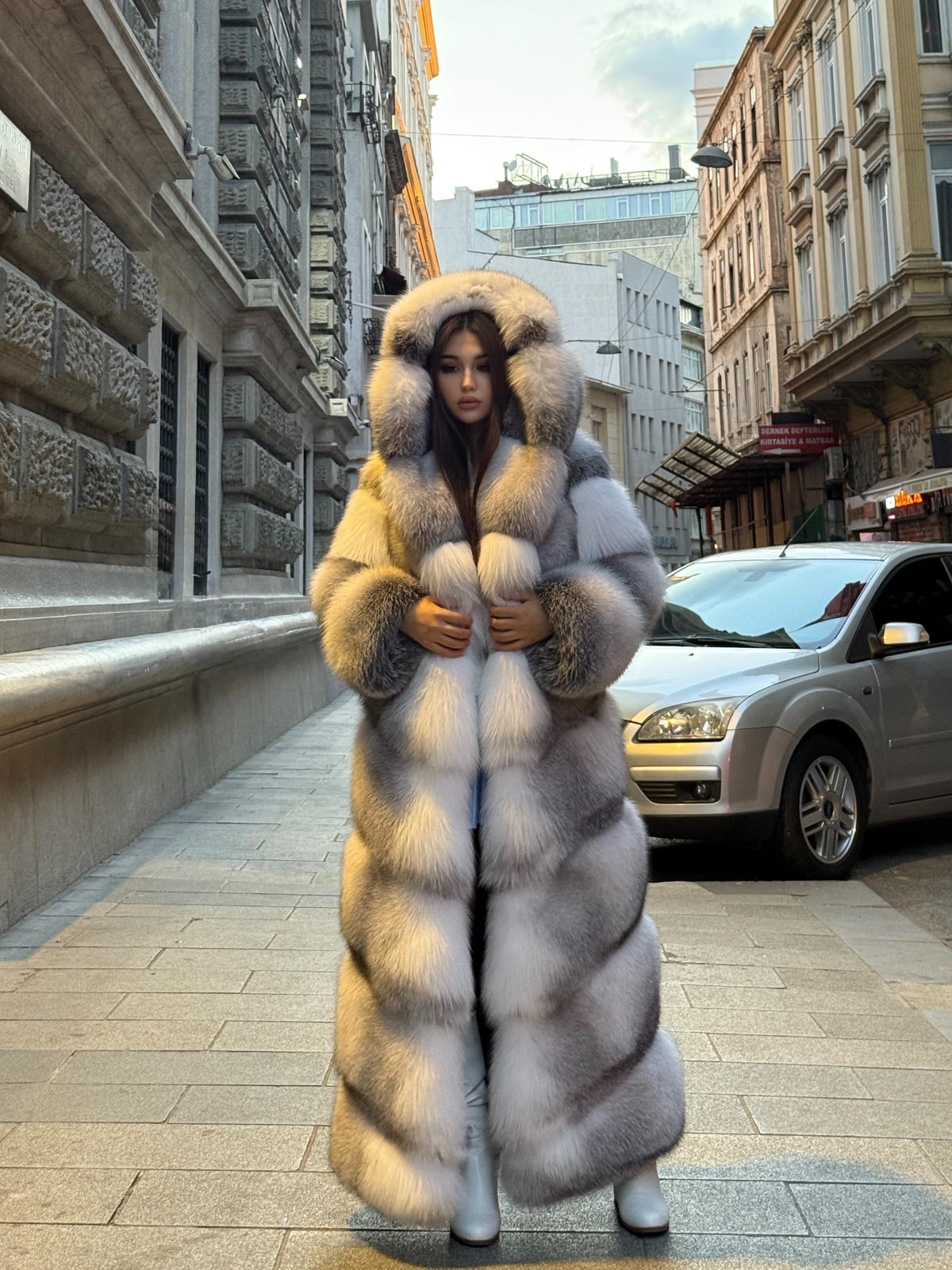 Handmade White Shadow Frost Fox Fur Coat: Luxury Long Hooded Winter Jacket For Women