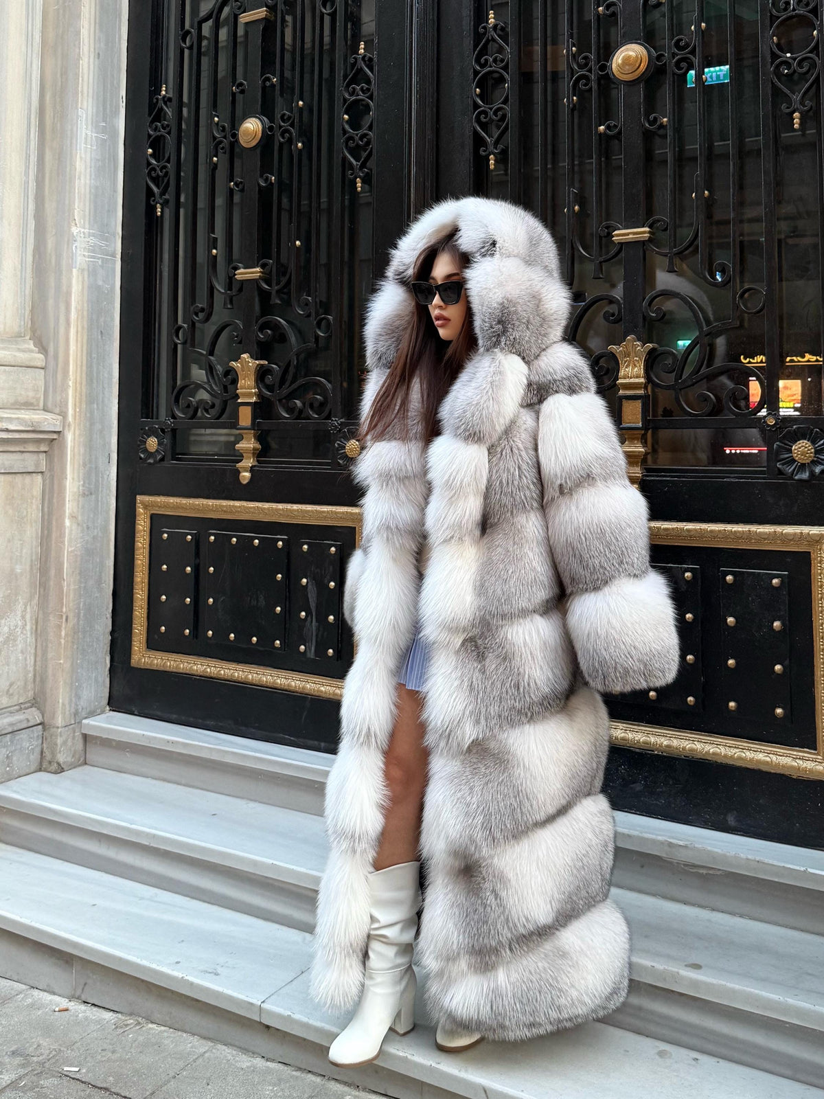 Handmade White Shadow Frost Fox Fur Coat: Luxury Long Hooded Winter Jacket For Women