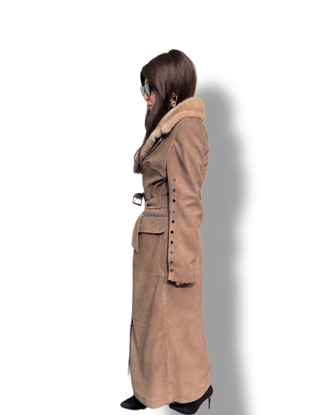 Whisky Brown Suede Trench Coat with Mink Fur Collar, Long Women Sheepskin Coat