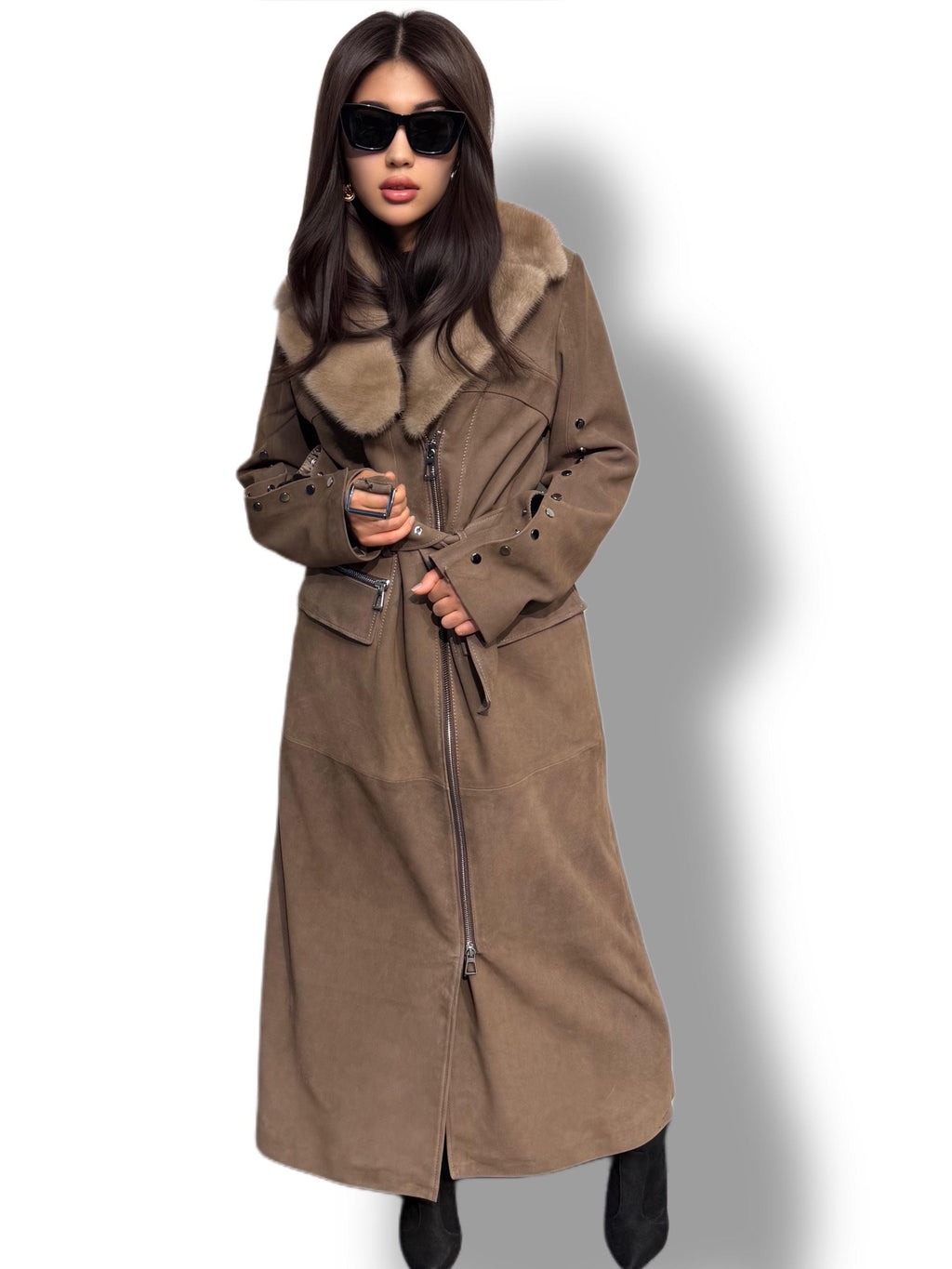 Whisky Brown Suede Trench Coat with Mink Fur Collar, Long Women Sheepskin Coat