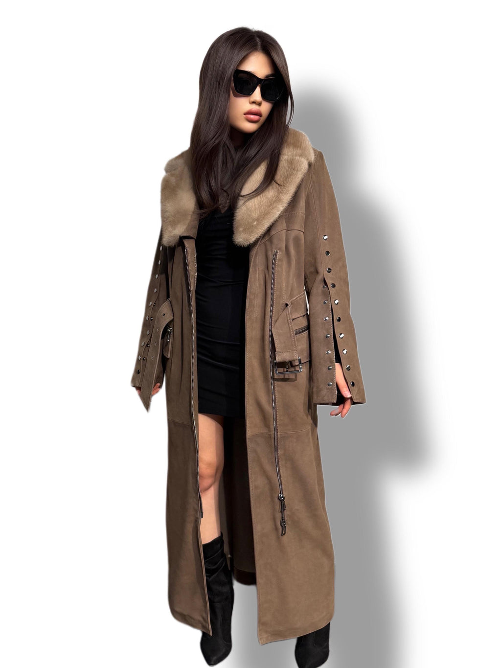 Whisky Brown Suede Trench Coat with Mink Fur Collar, Long Women Sheepskin Coat