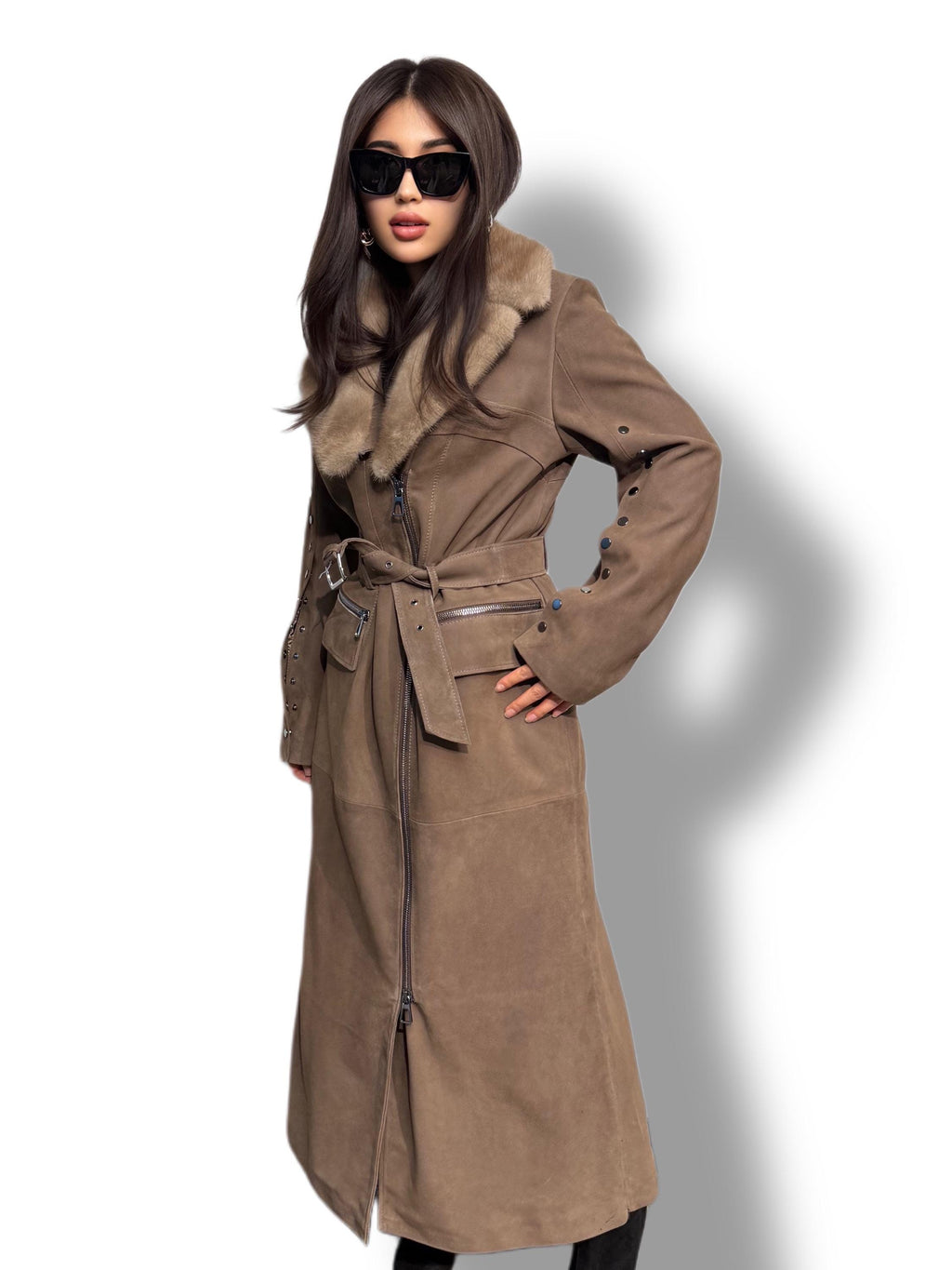 Whisky Brown Suede Trench Coat with Mink Fur Collar, Long Women Sheepskin Coat